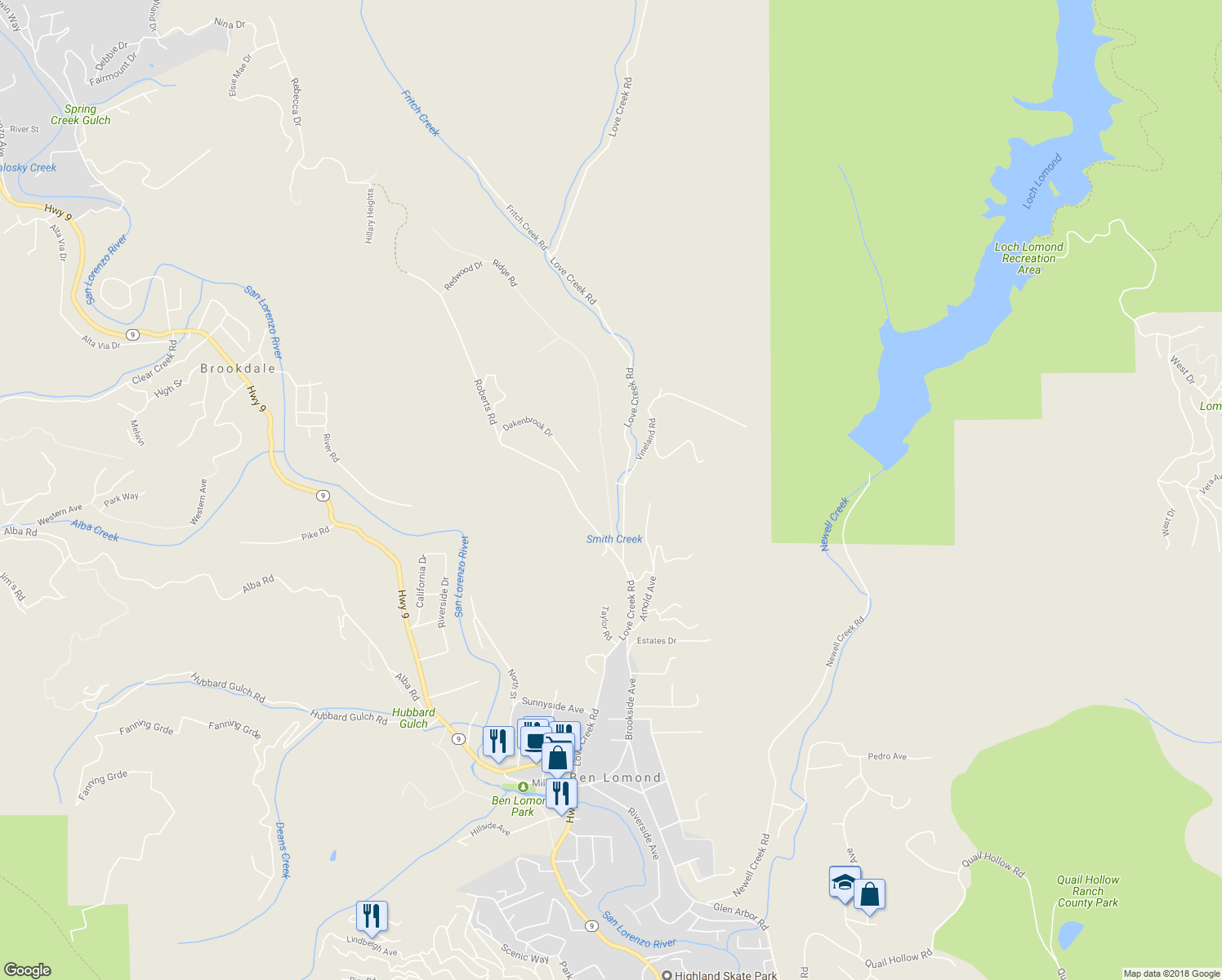 map of restaurants, bars, coffee shops, grocery stores, and more near 280 Ridge Road in Ben Lomond