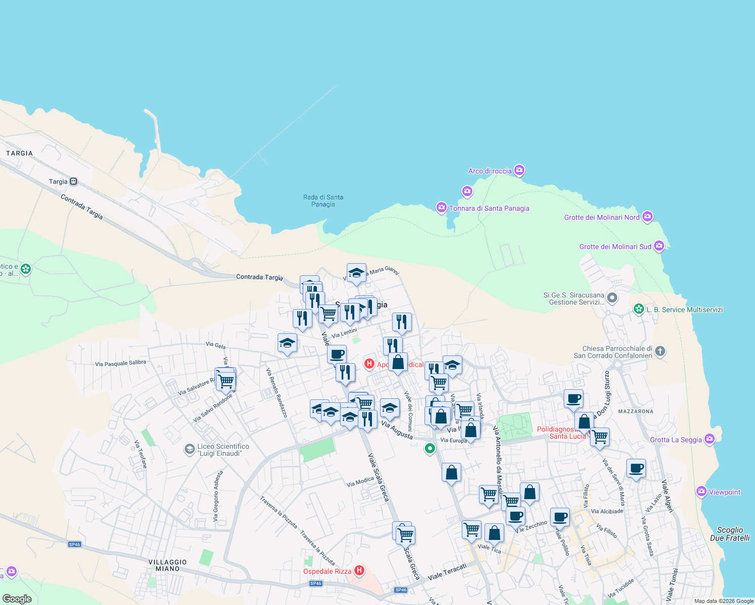 map of restaurants, bars, coffee shops, grocery stores, and more near 3 Via Pedagaggi in Siracusa