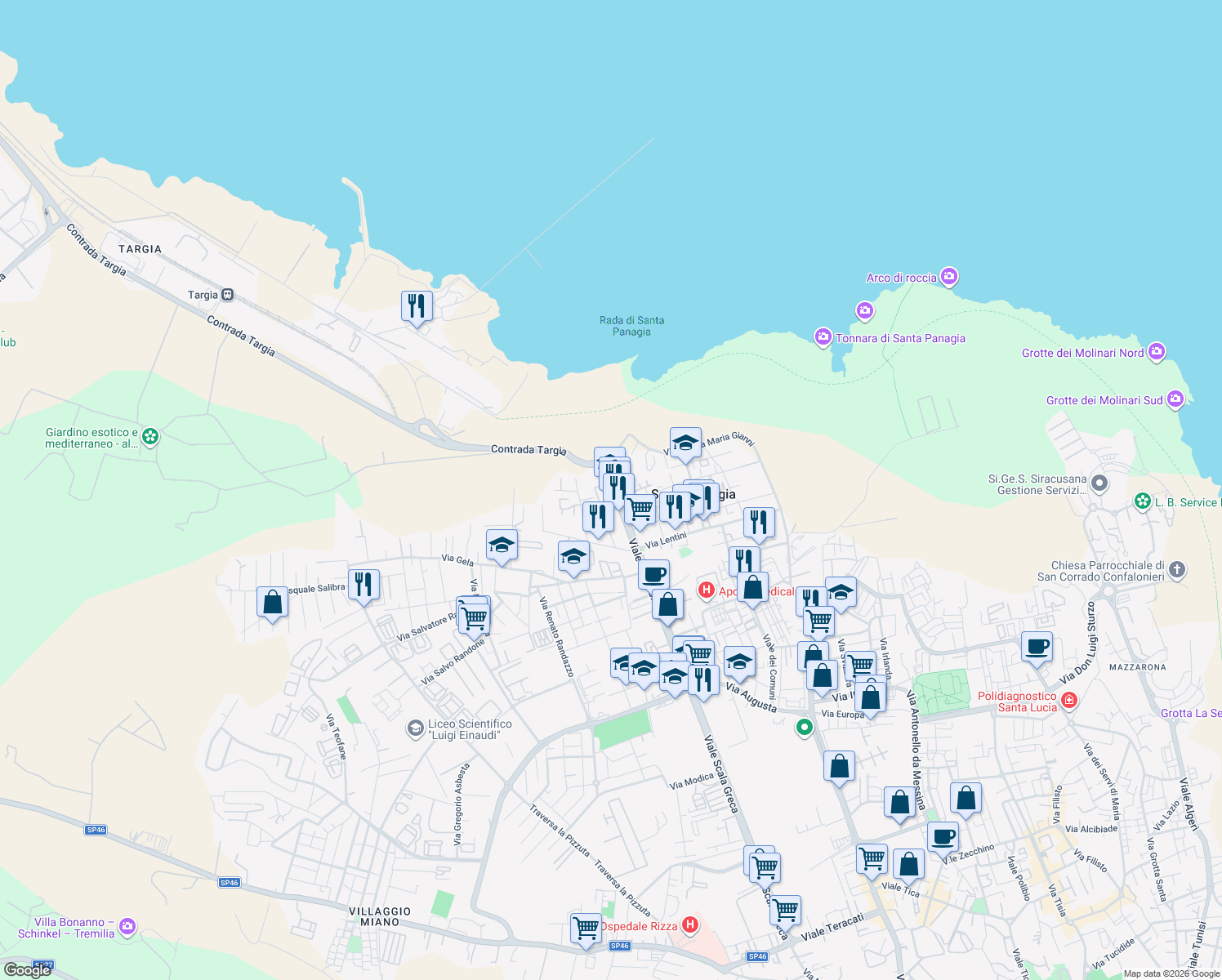 map of restaurants, bars, coffee shops, grocery stores, and more near 453 Viale Scala Greca in Syracuse