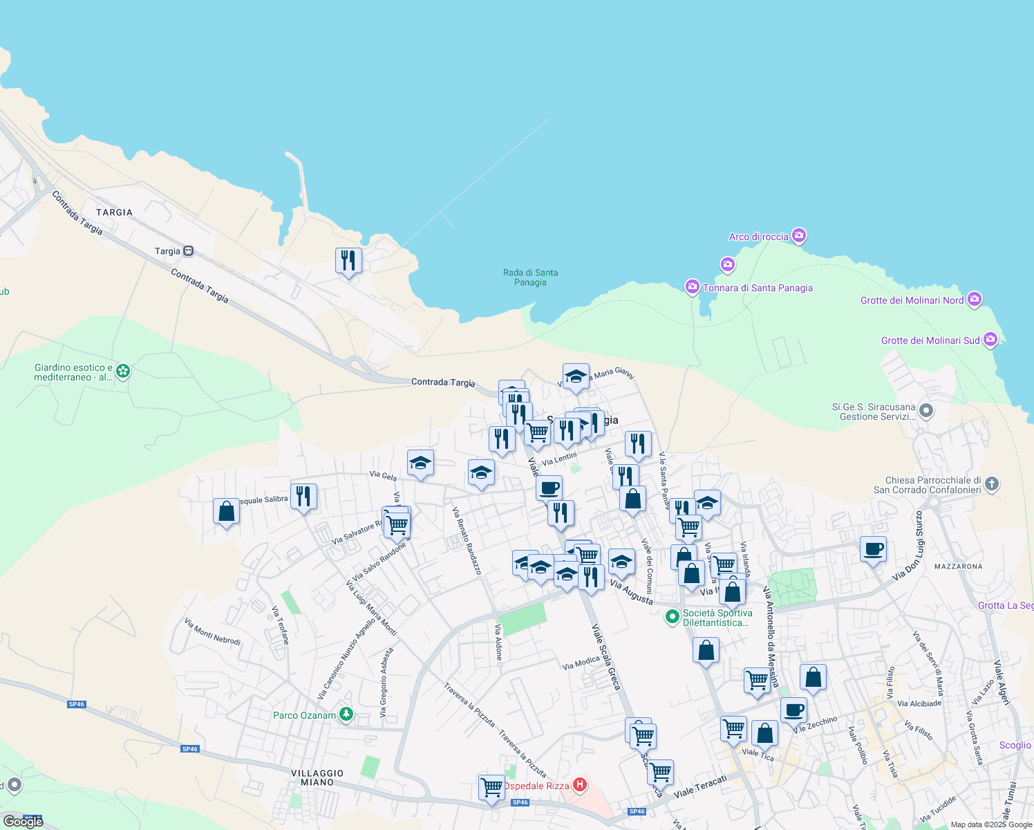 map of restaurants, bars, coffee shops, grocery stores, and more near 453 Viale Scala Greca in Siracusa