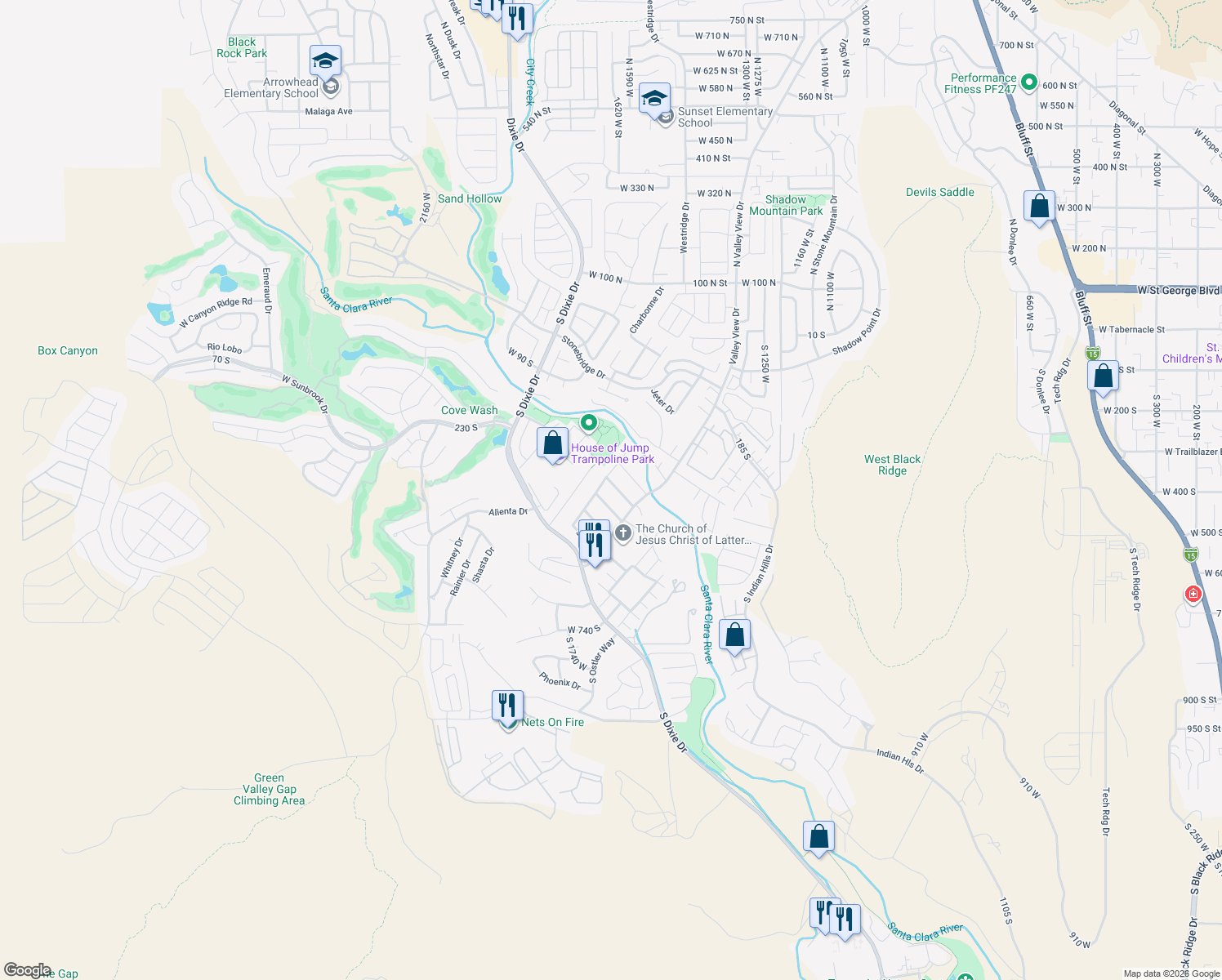 map of restaurants, bars, coffee shops, grocery stores, and more near 1627 West Rose Garden Lane in St. George