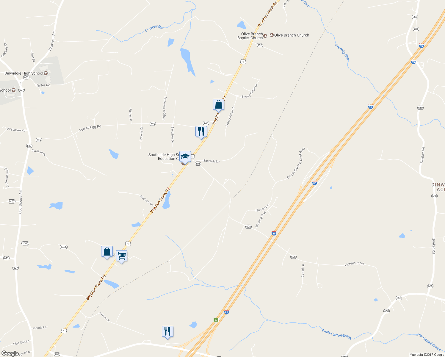 map of restaurants, bars, coffee shops, grocery stores, and more near 20024 Hunnicut Road in Dinwiddie
