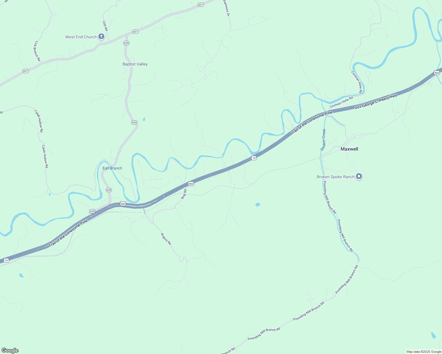 map of restaurants, bars, coffee shops, grocery stores, and more near Governor G C Peery Hwy in Pounding Mill
