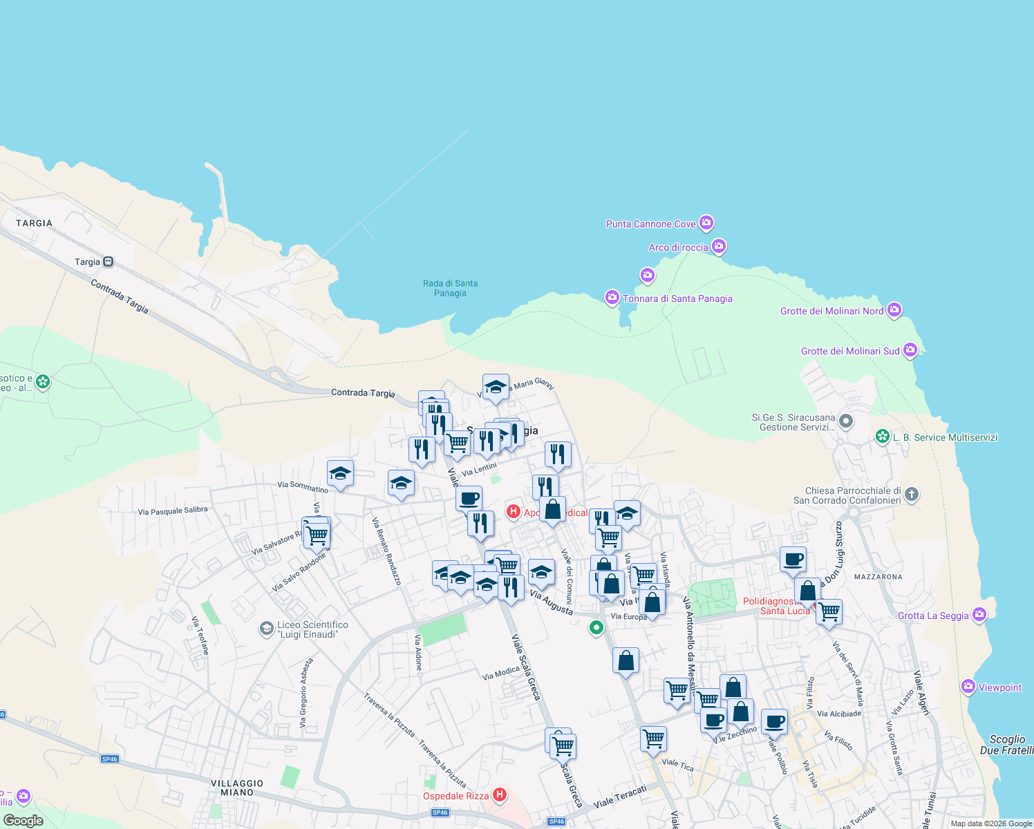 map of restaurants, bars, coffee shops, grocery stores, and more near 38 Via Pachino in Siracusa