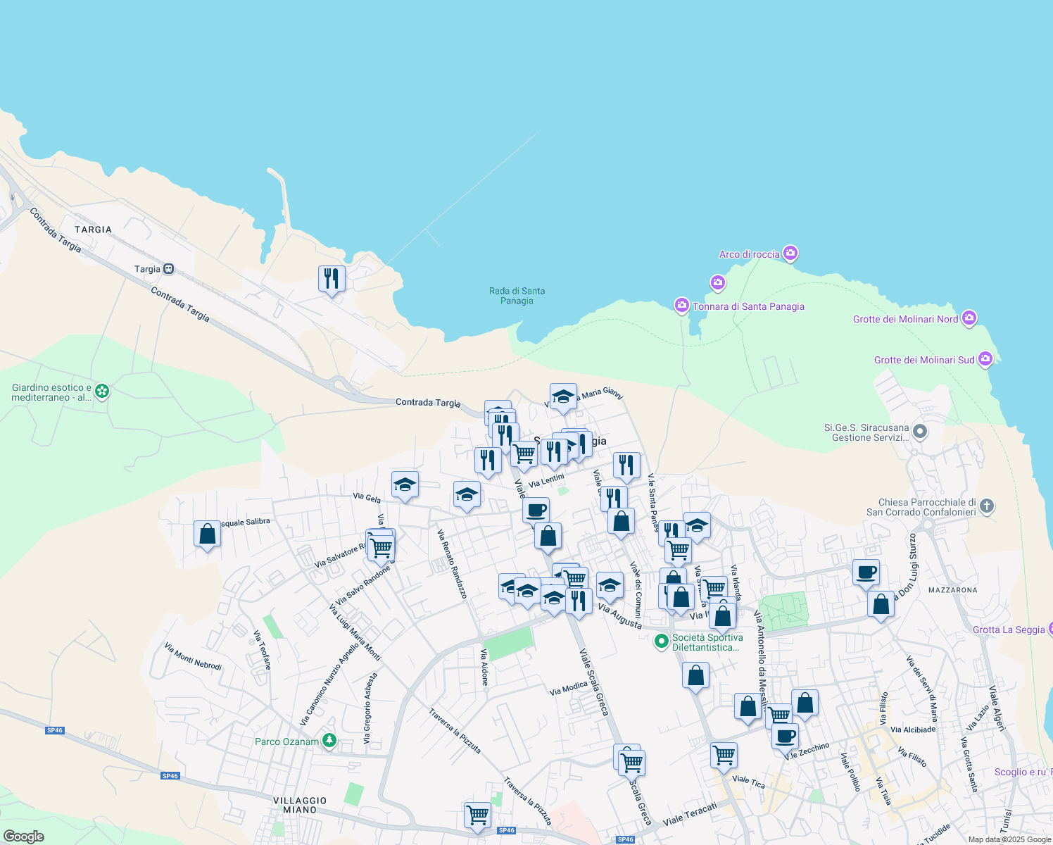 map of restaurants, bars, coffee shops, grocery stores, and more near 12 Via Franca Maria Gianni in Siracusa