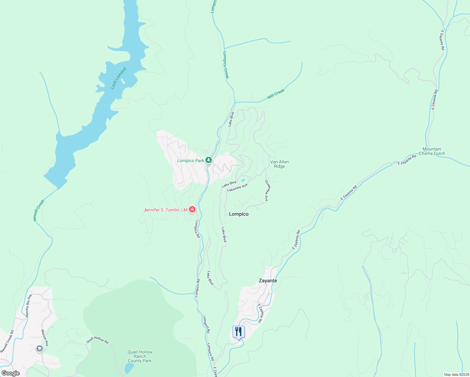 map of restaurants, bars, coffee shops, grocery stores, and more near Lakeview Avenue in Lompico