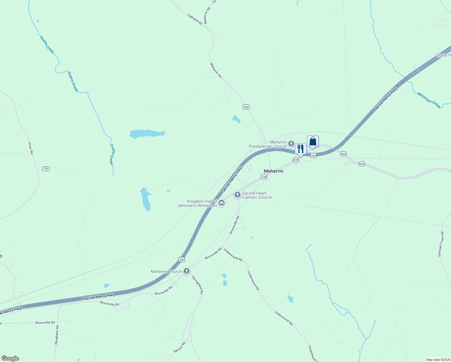 map of restaurants, bars, coffee shops, grocery stores, and more near County Road 729 in Meherrin