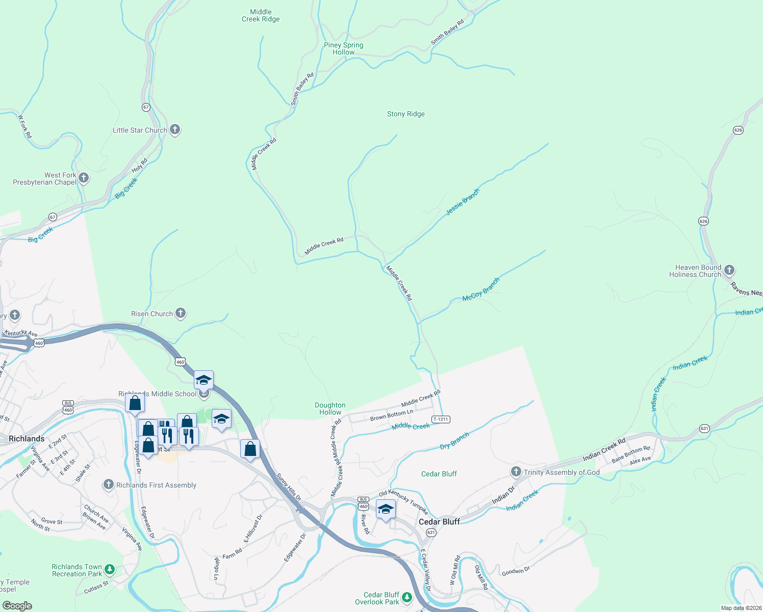 map of restaurants, bars, coffee shops, grocery stores, and more near Middle Creek Road in Cedar Bluff