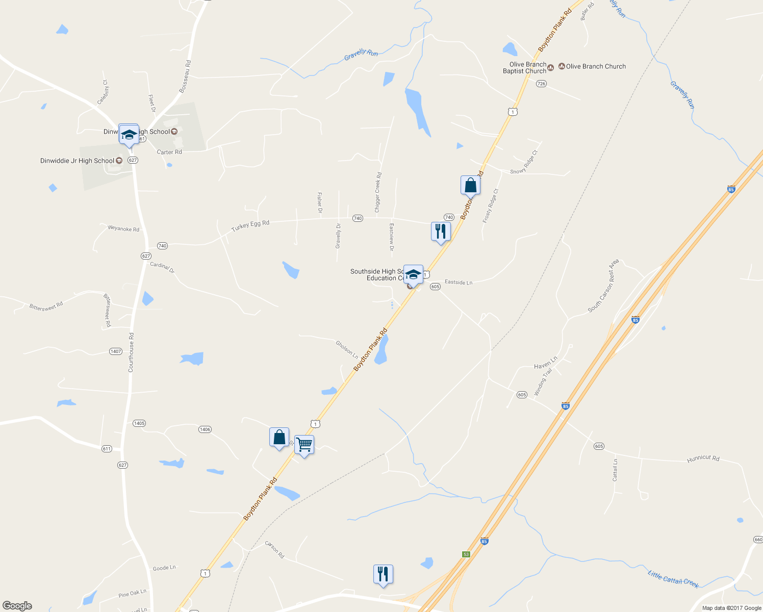 map of restaurants, bars, coffee shops, grocery stores, and more near 19611 Southside Avenue in Dinwiddie