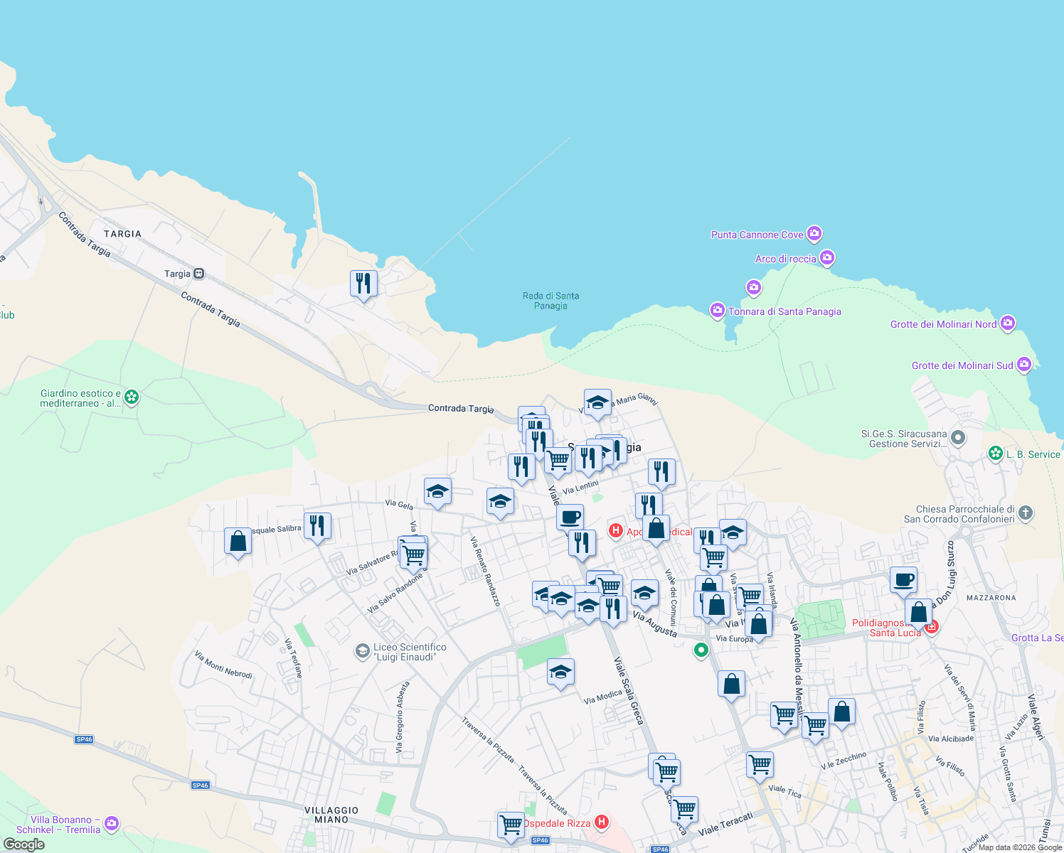 map of restaurants, bars, coffee shops, grocery stores, and more near 14 Traversa Belvedere di Scala Greca in Siracusa