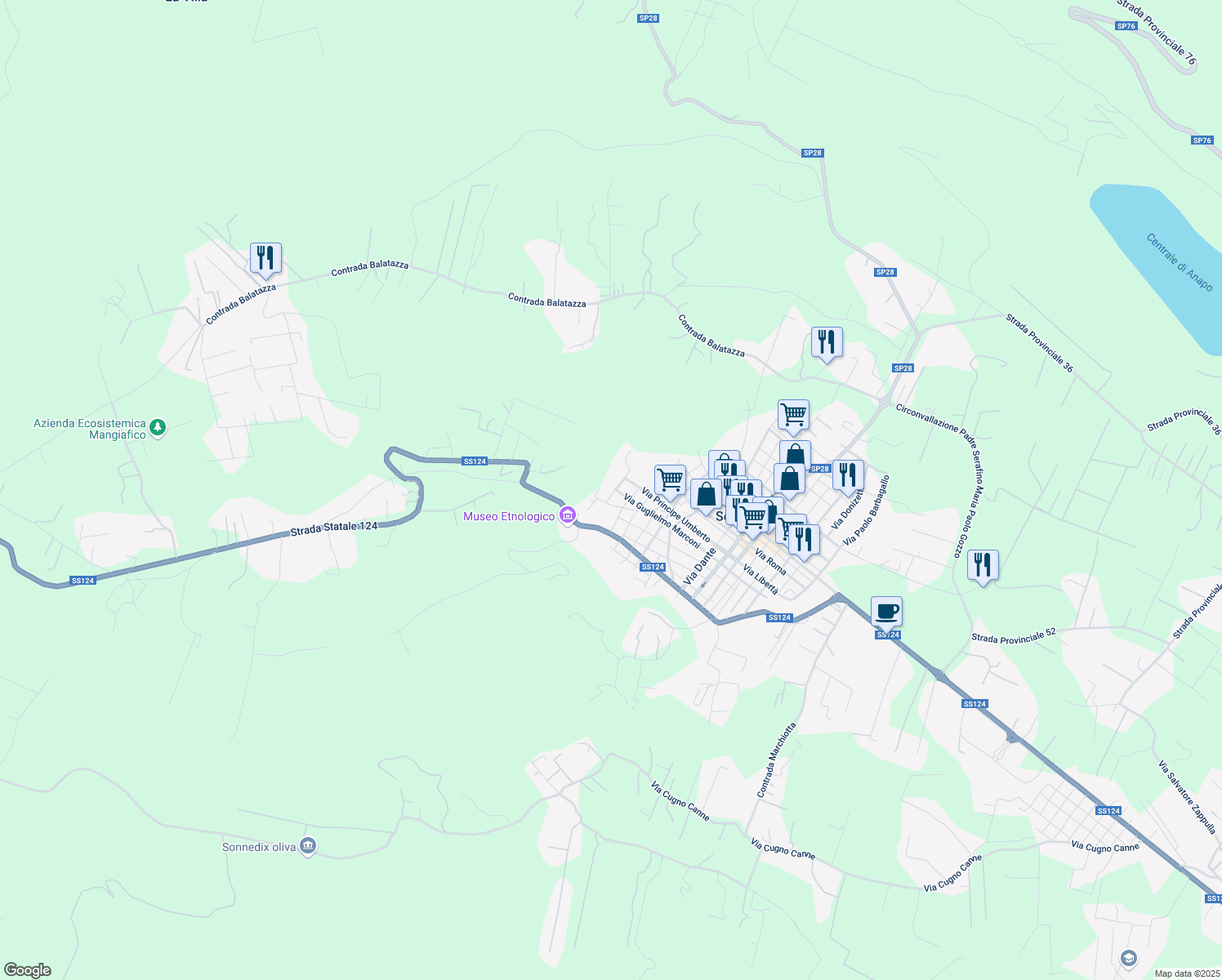 map of restaurants, bars, coffee shops, grocery stores, and more near 136 Via Guglielmo Marconi in Solarino
