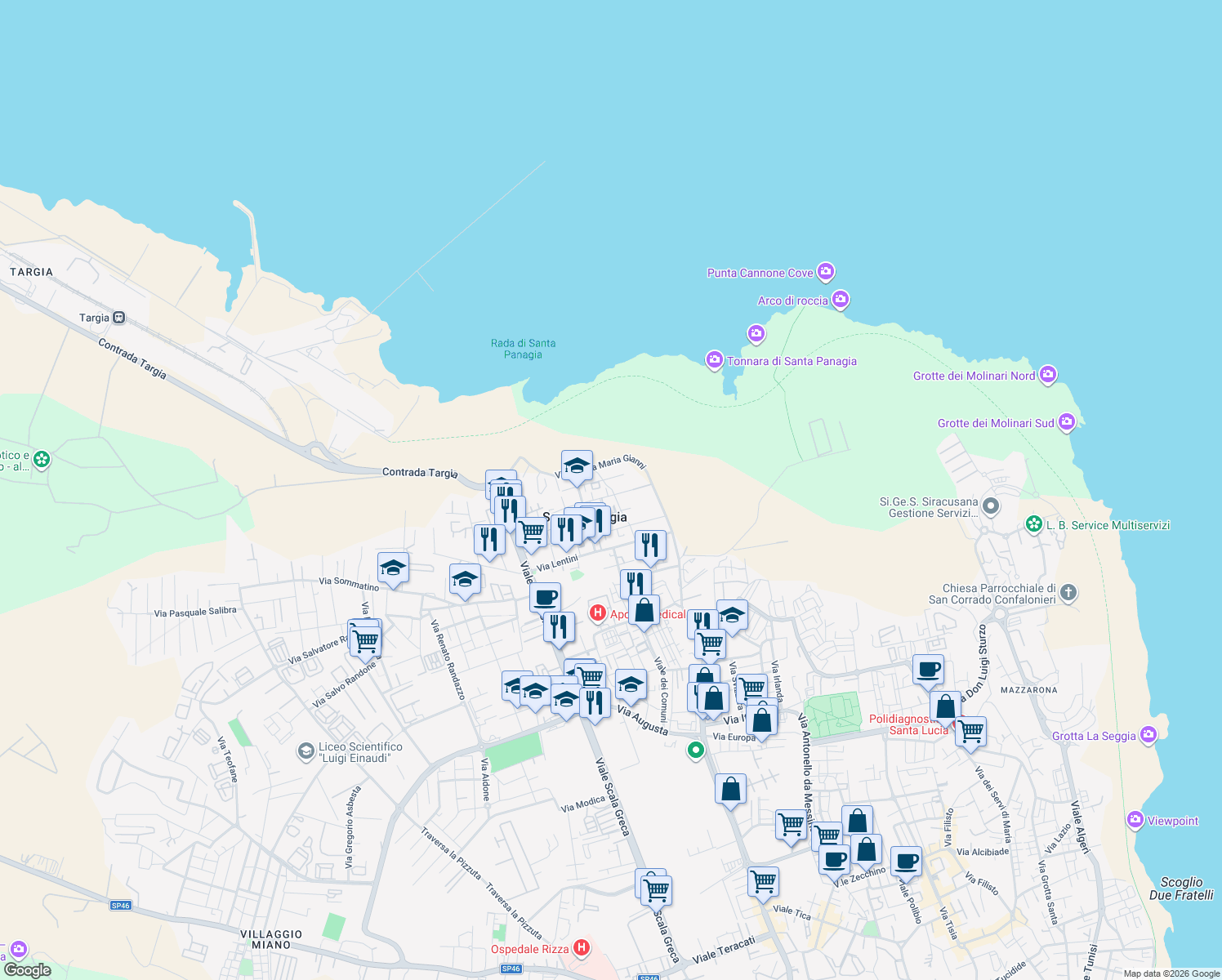 map of restaurants, bars, coffee shops, grocery stores, and more near 38 Via Pachino in Siracusa