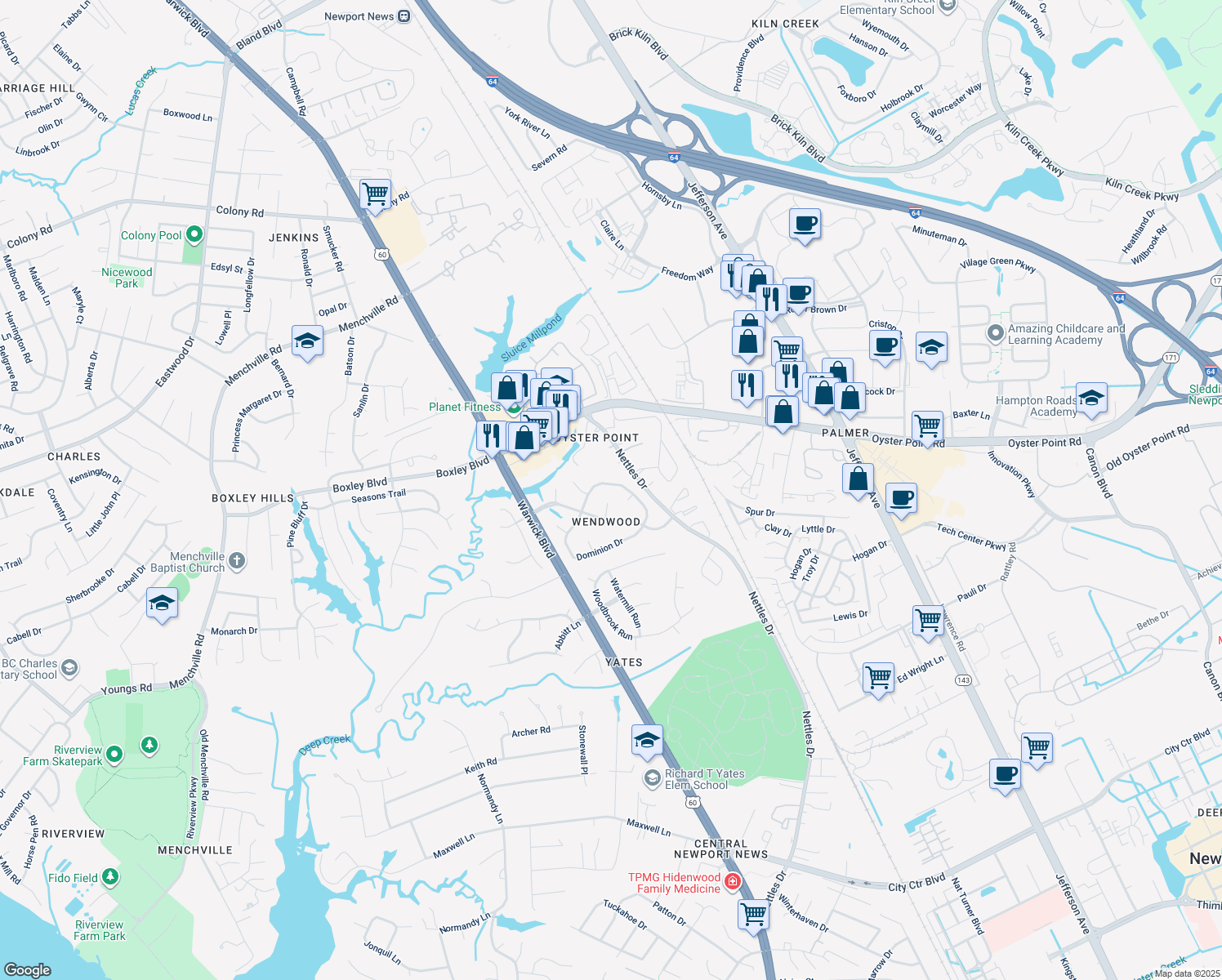 map of restaurants, bars, coffee shops, grocery stores, and more near 321 Dominion Dr in Newport News
