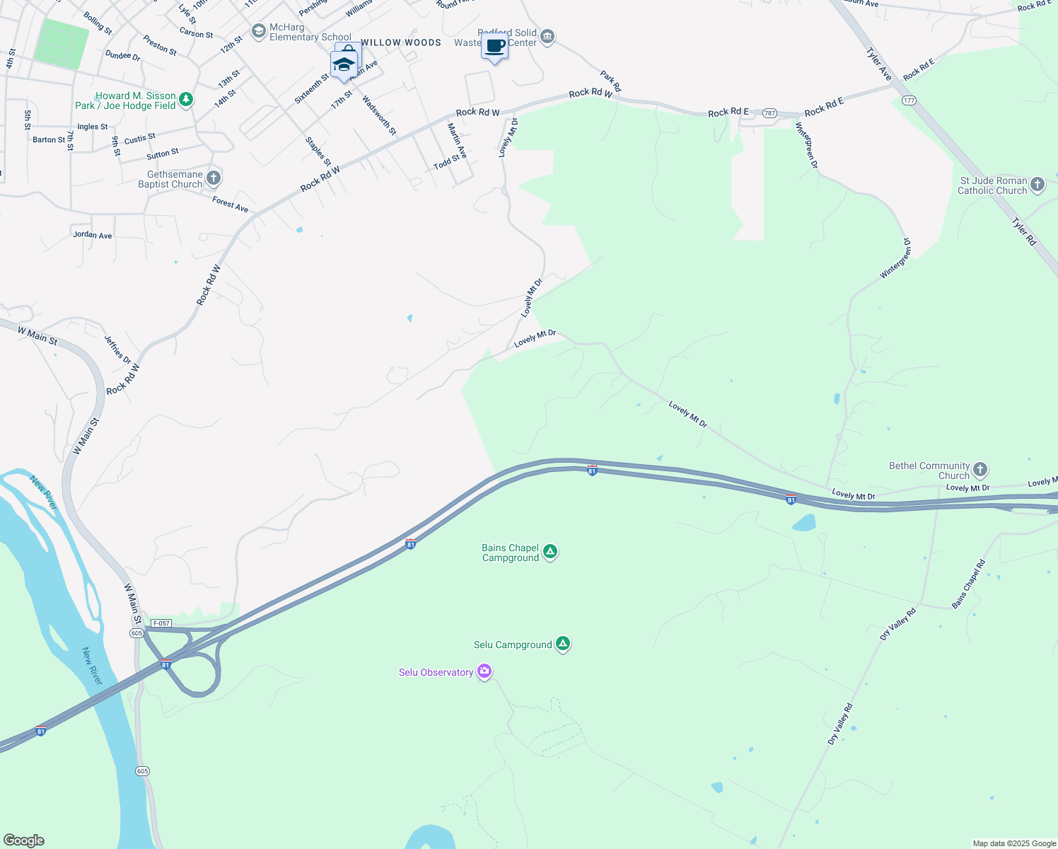 map of restaurants, bars, coffee shops, grocery stores, and more near in Radford