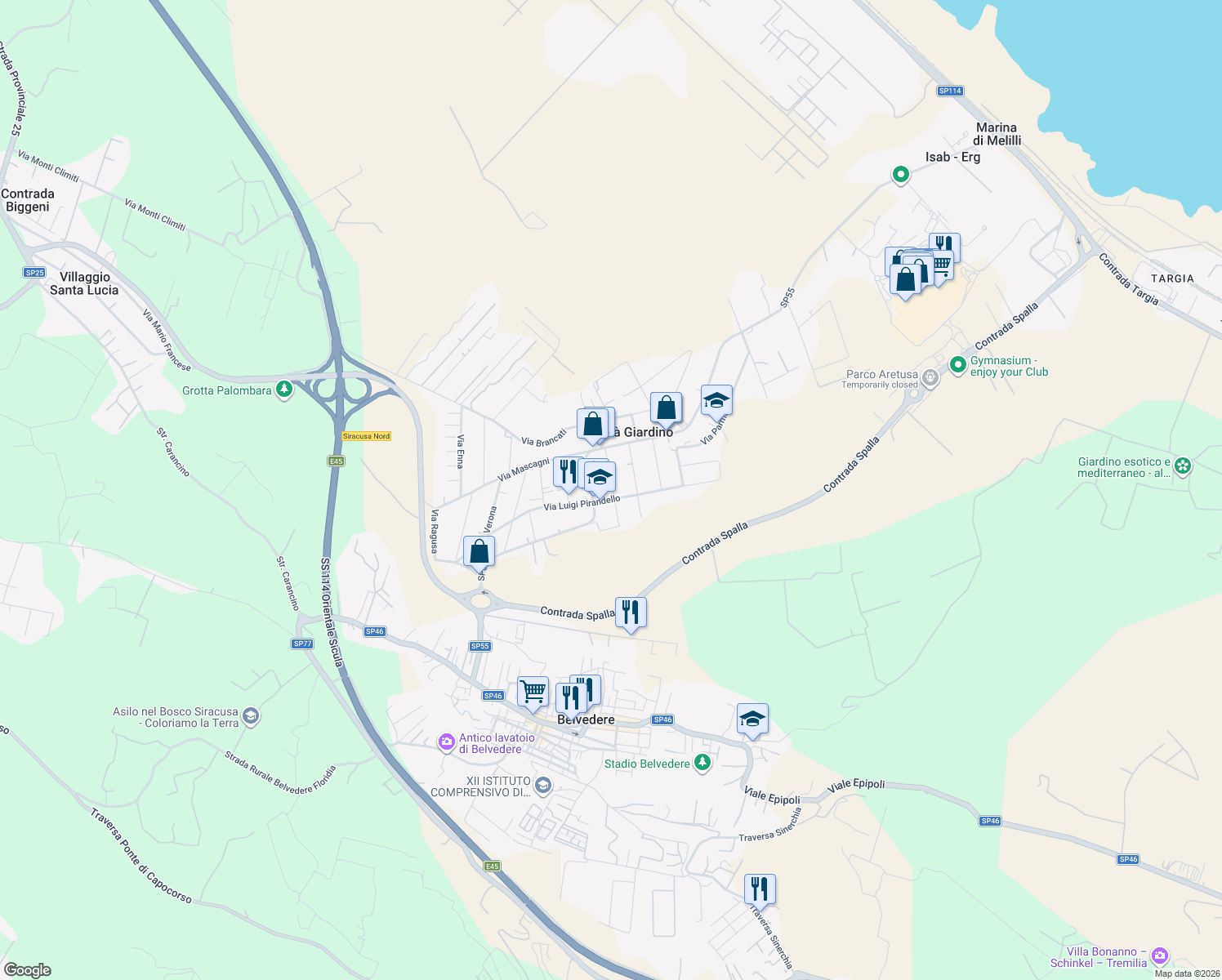 map of restaurants, bars, coffee shops, grocery stores, and more near 18 Via Bologna in Città Giardino