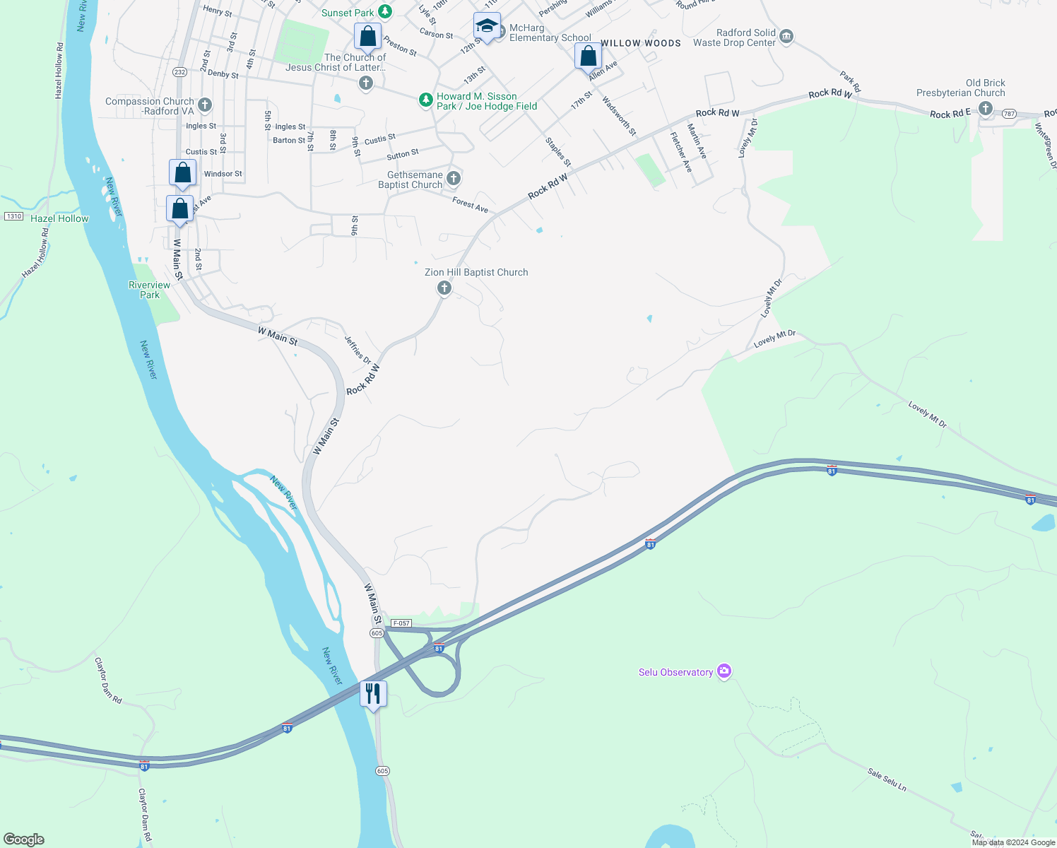 map of restaurants, bars, coffee shops, grocery stores, and more near 201 Wild Partridge Lane in Radford