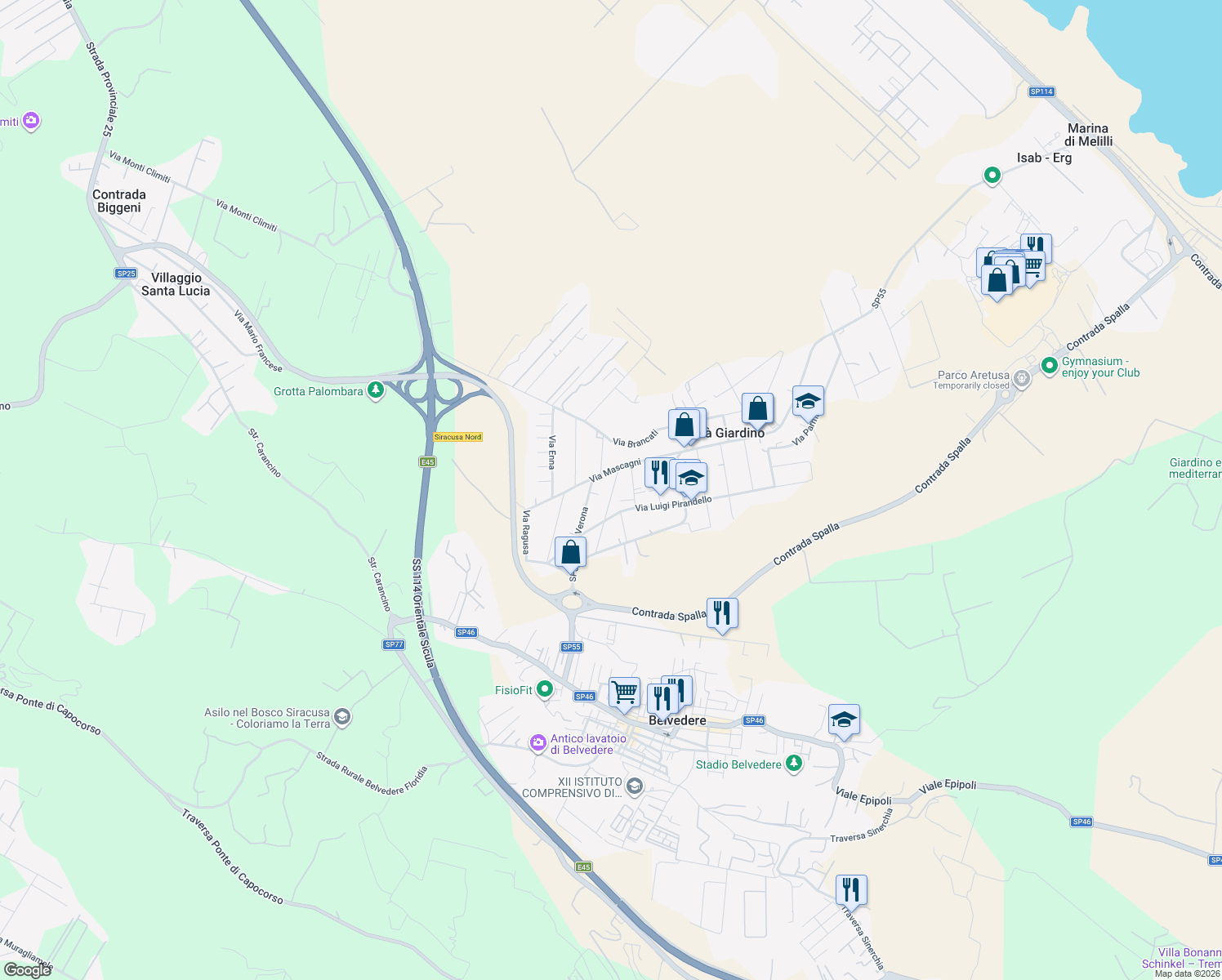 map of restaurants, bars, coffee shops, grocery stores, and more near 6 Via Genova in Città Giardino