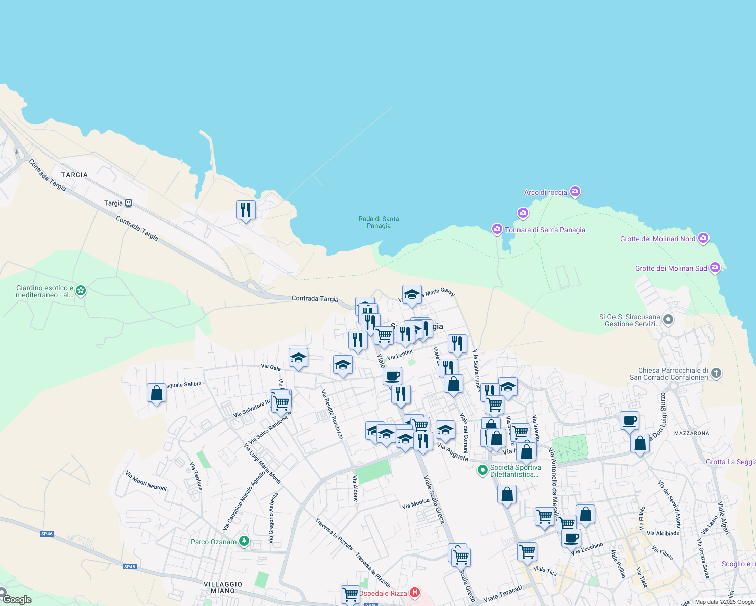 map of restaurants, bars, coffee shops, grocery stores, and more near 12 Via Franca Maria Gianni in Siracusa