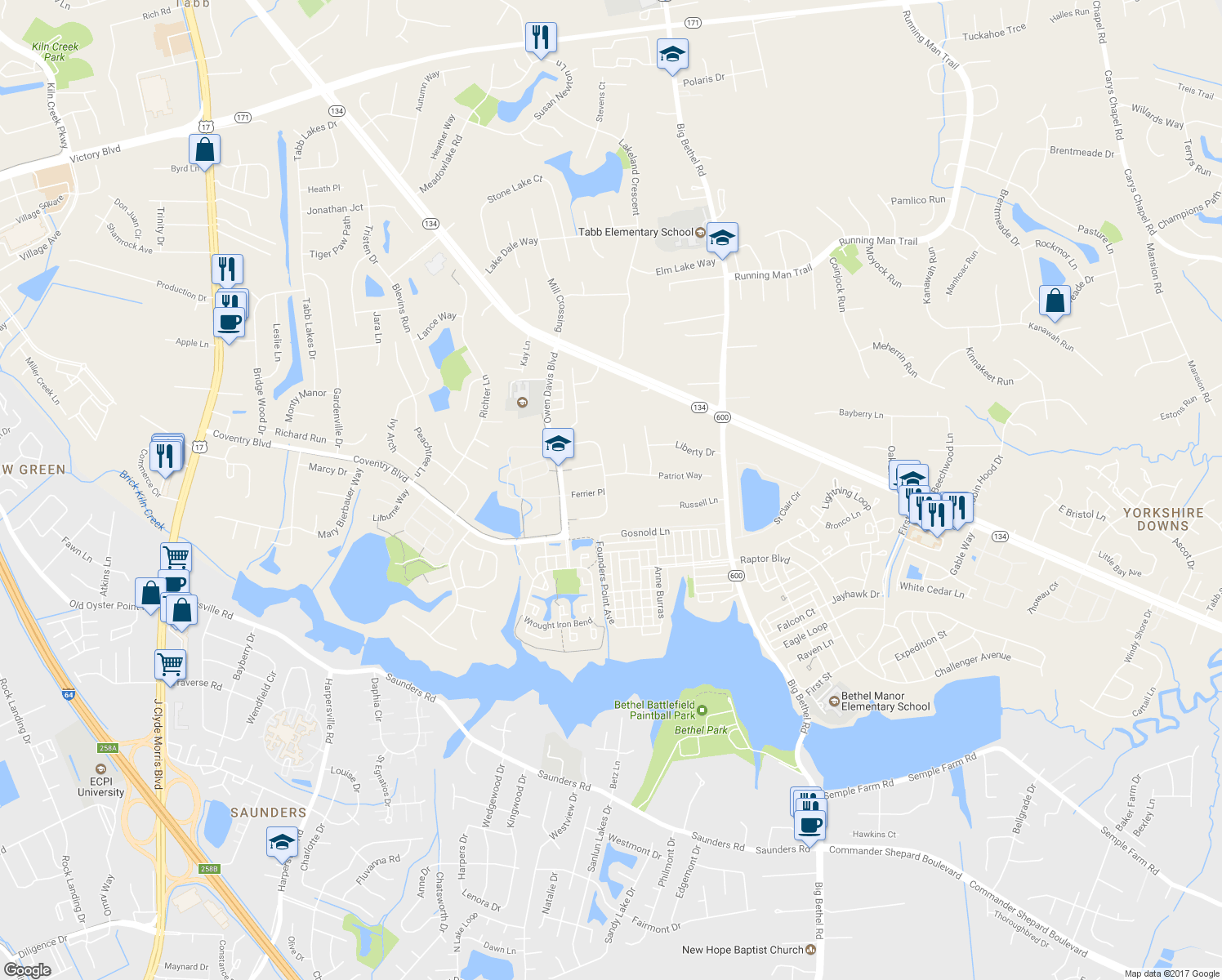 map of restaurants, bars, coffee shops, grocery stores, and more near 209 Blacksmith Arch in Yorktown