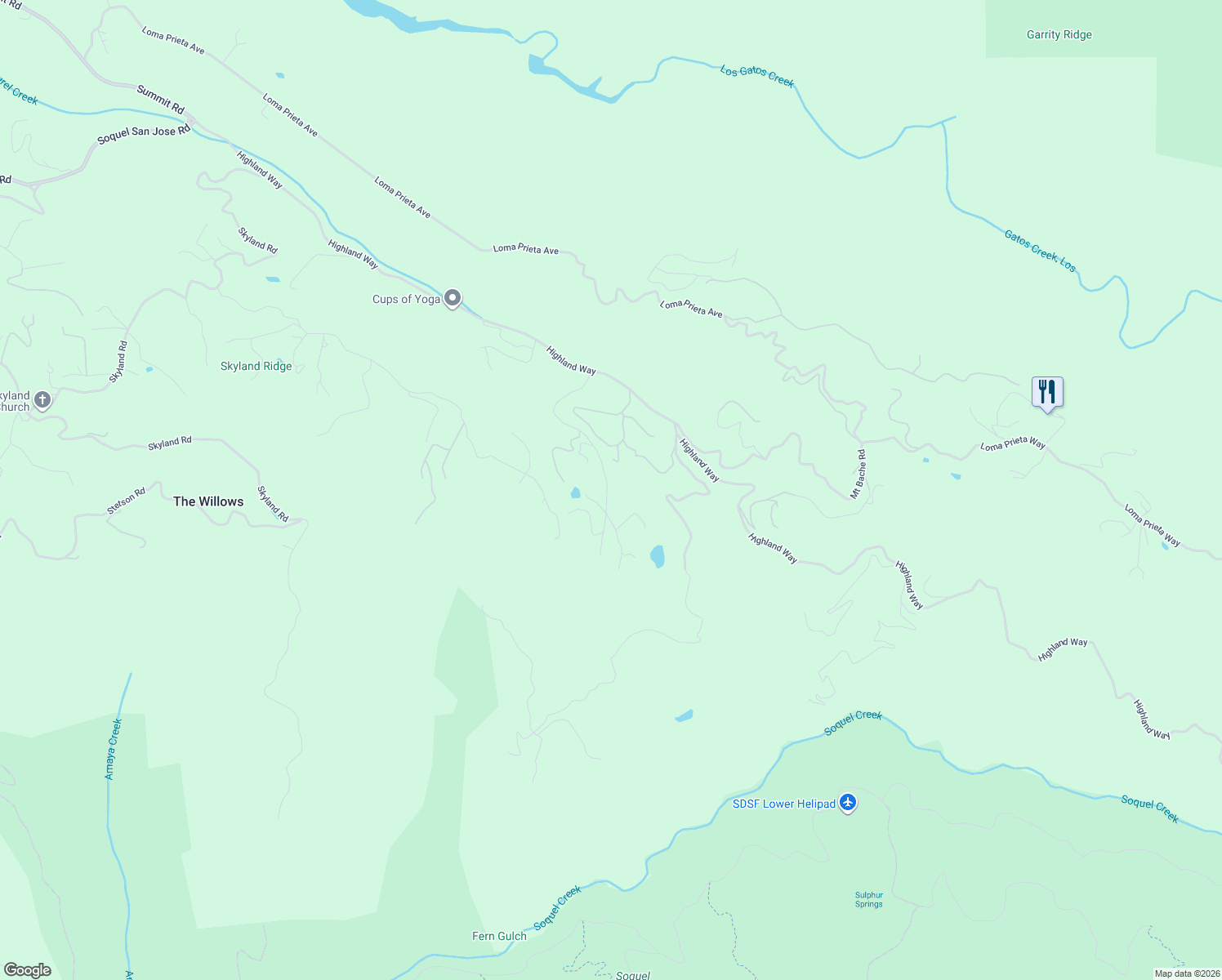 map of restaurants, bars, coffee shops, grocery stores, and more near 25400 Radonich Road in Los Gatos