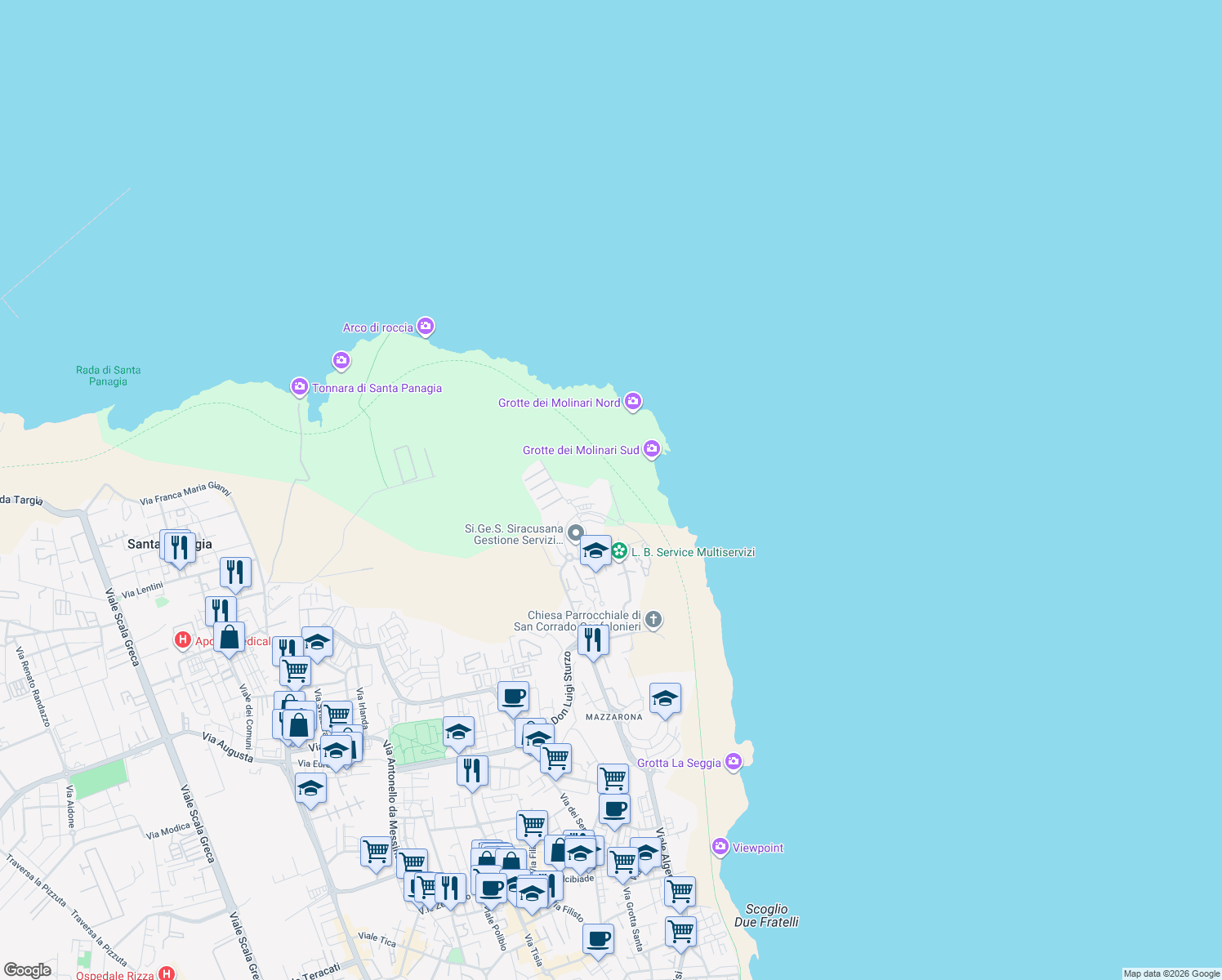 map of restaurants, bars, coffee shops, grocery stores, and more near 5 Via Salvatore Nanna in Siracusa