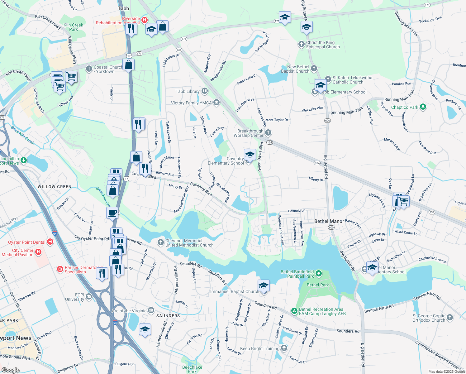 map of restaurants, bars, coffee shops, grocery stores, and more near 106 Alfred Court in Yorktown