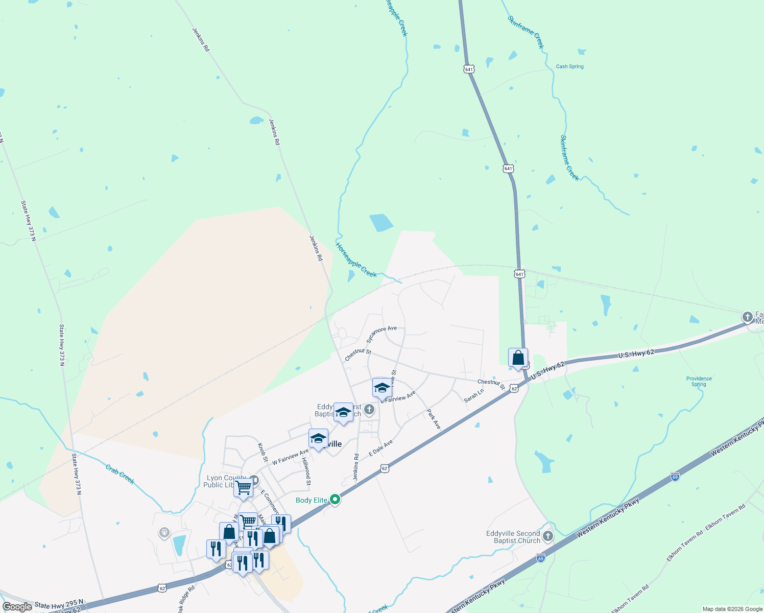 map of restaurants, bars, coffee shops, grocery stores, and more near 108 Mulberry St in Eddyville