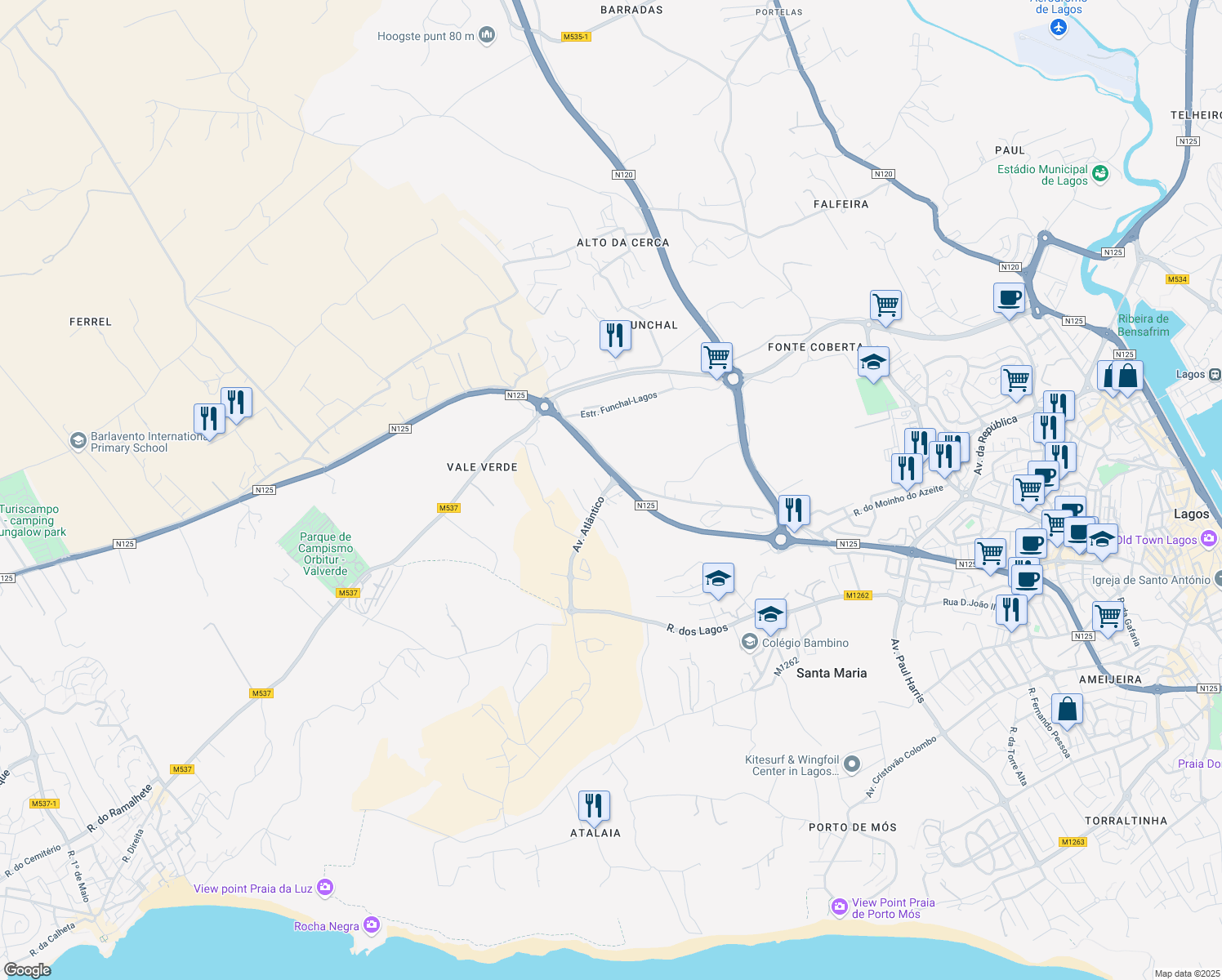 map of restaurants, bars, coffee shops, grocery stores, and more near Quinta da Boavista in Lagos