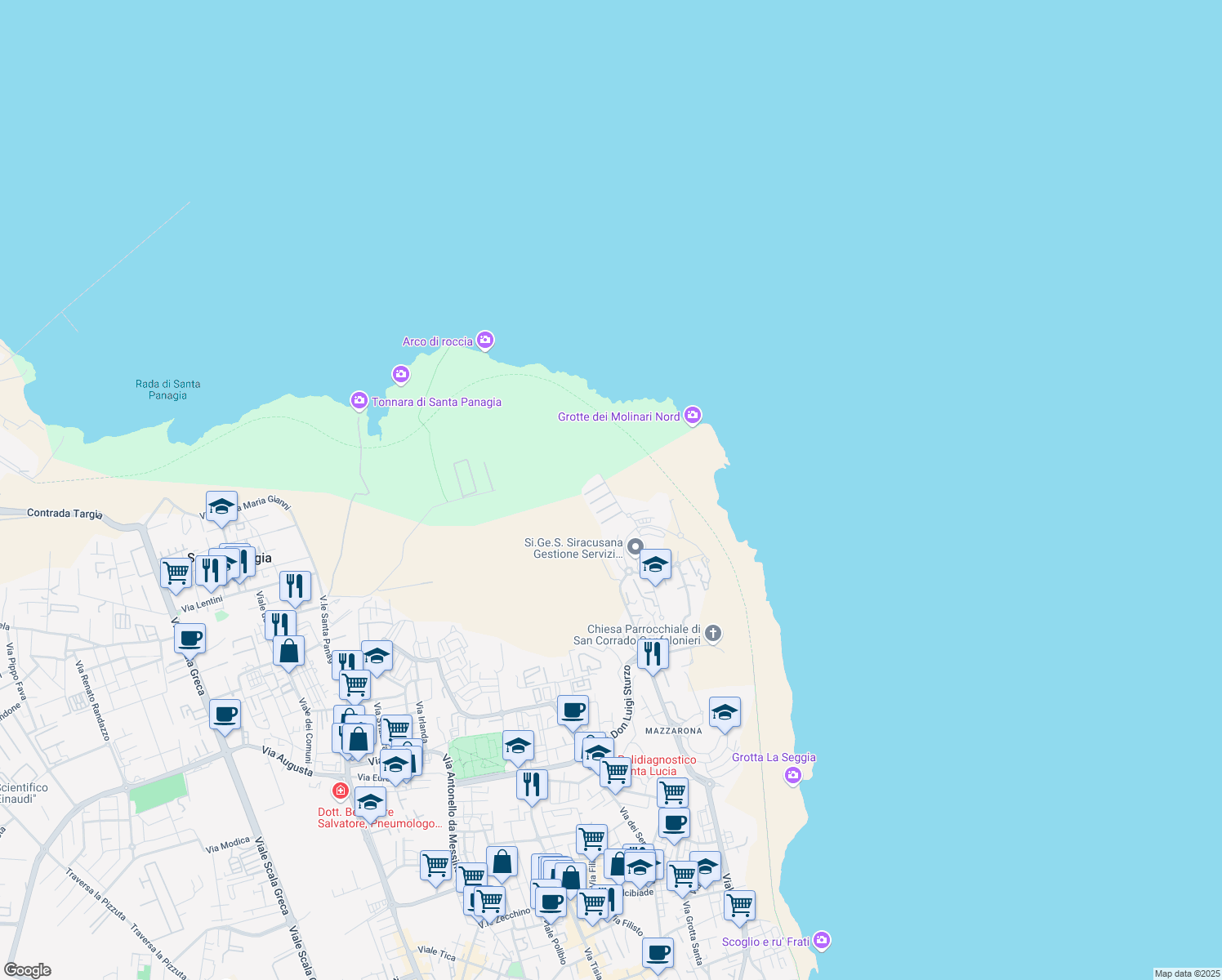 map of restaurants, bars, coffee shops, grocery stores, and more near 5 Via Vincenzo Bordone in Siracusa