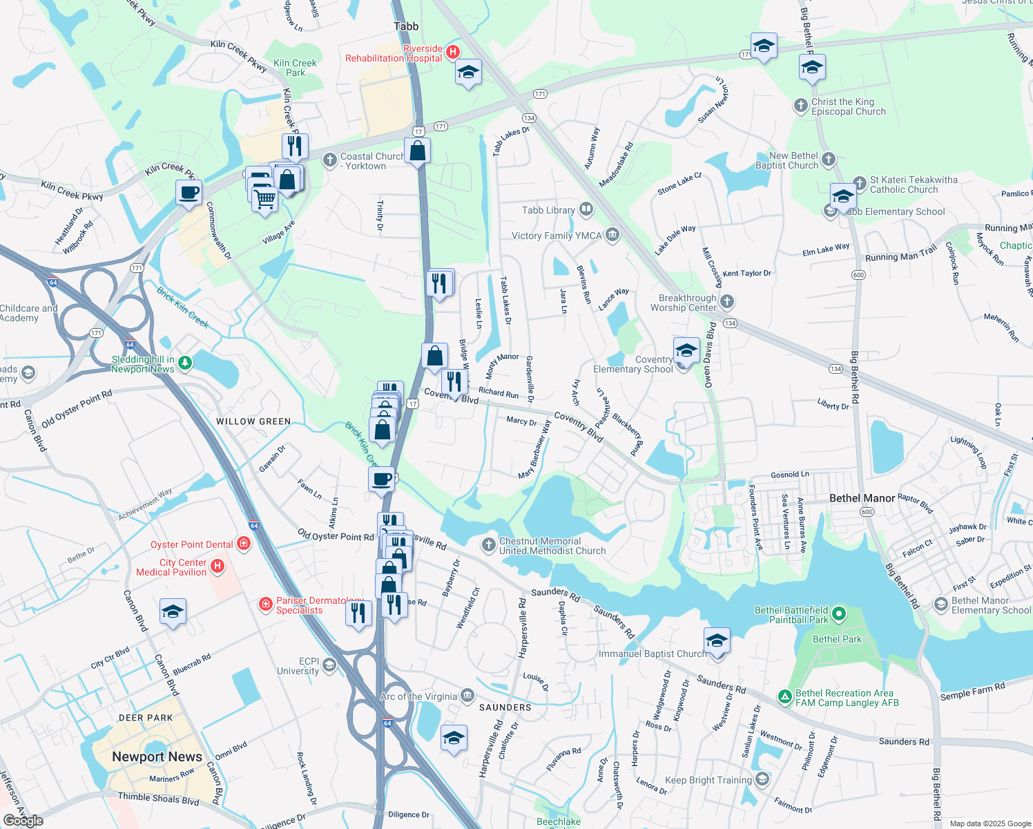 map of restaurants, bars, coffee shops, grocery stores, and more near 112 Marcy Drive in Yorktown