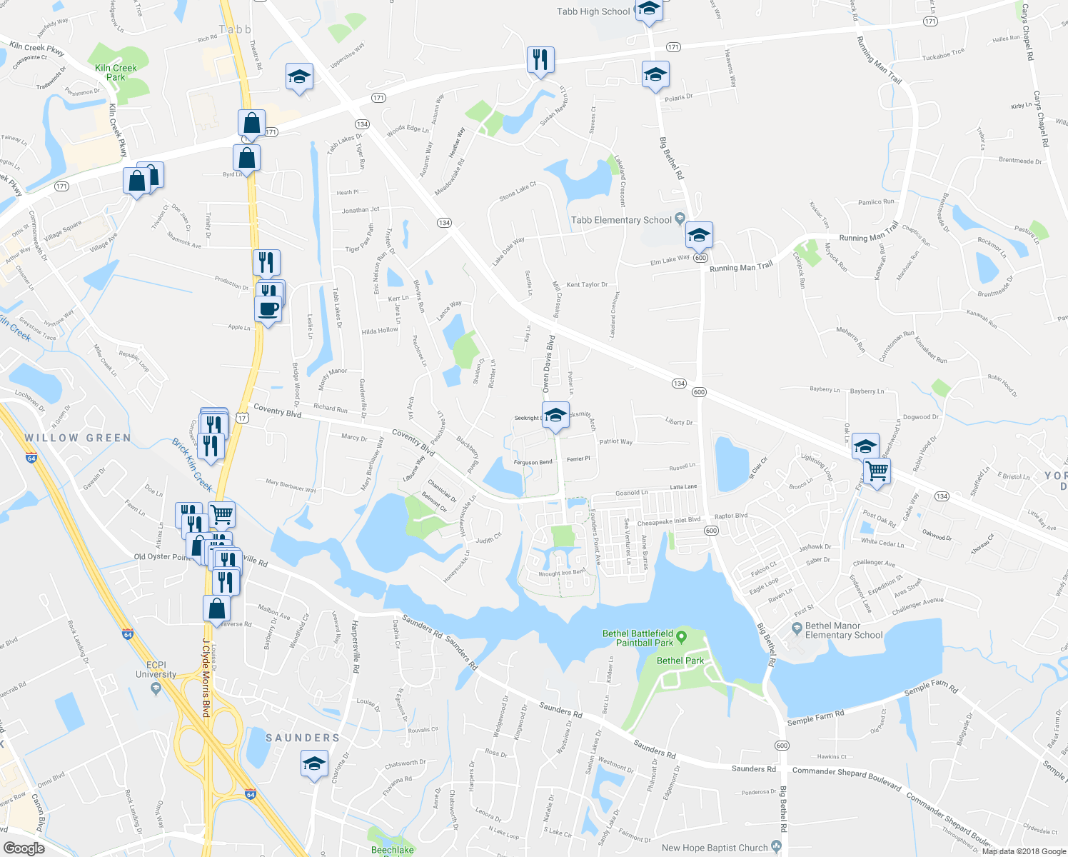 map of restaurants, bars, coffee shops, grocery stores, and more near 409 Ferguson Bend in Yorktown