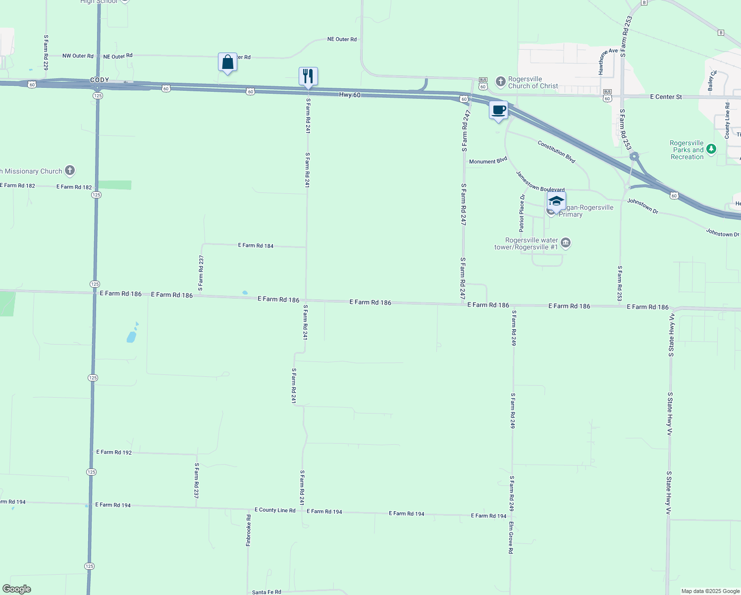 map of restaurants, bars, coffee shops, grocery stores, and more near 9145 East Farm Road 186 in Rogersville