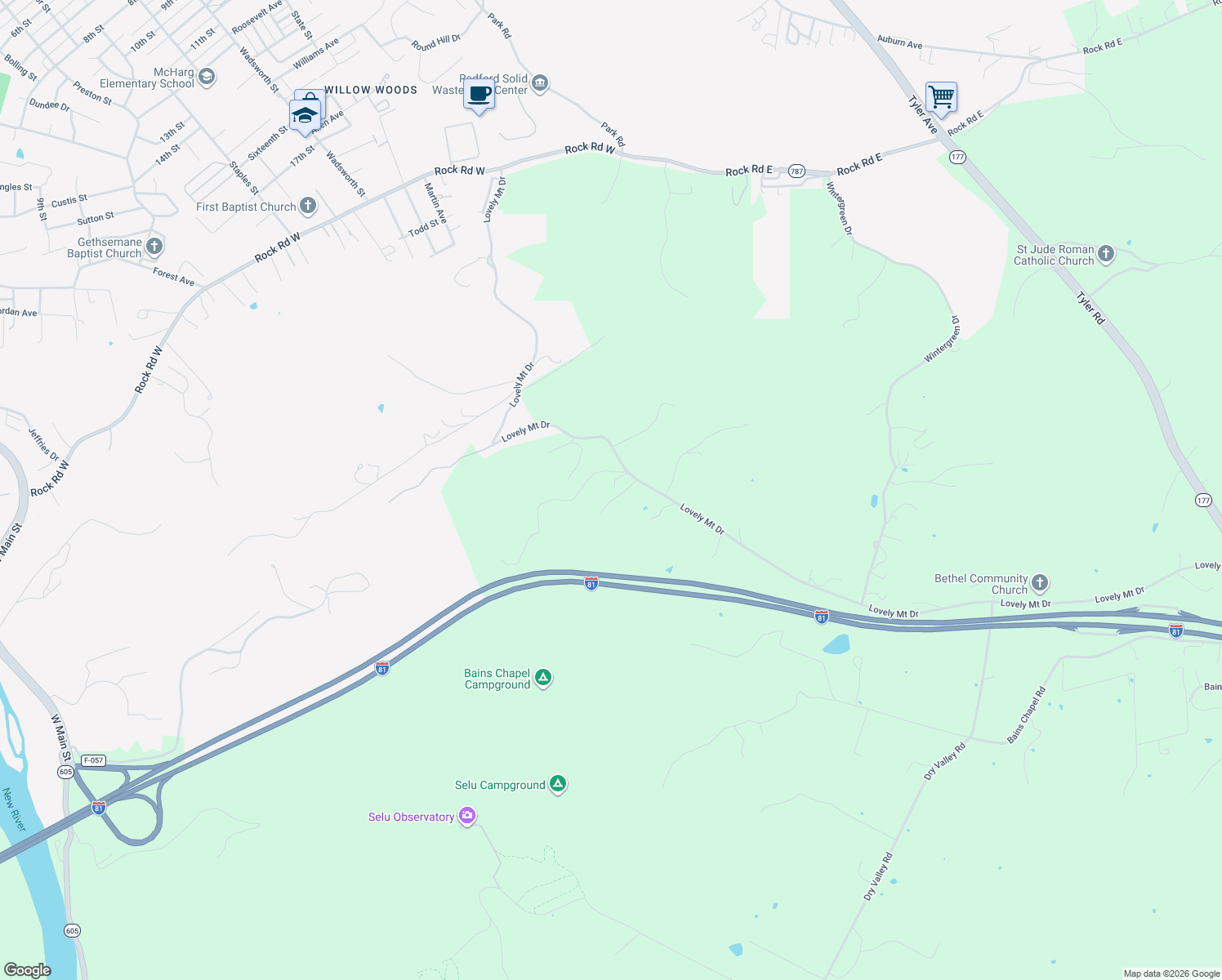 map of restaurants, bars, coffee shops, grocery stores, and more near 413 Lovely Mount Drive in Radford