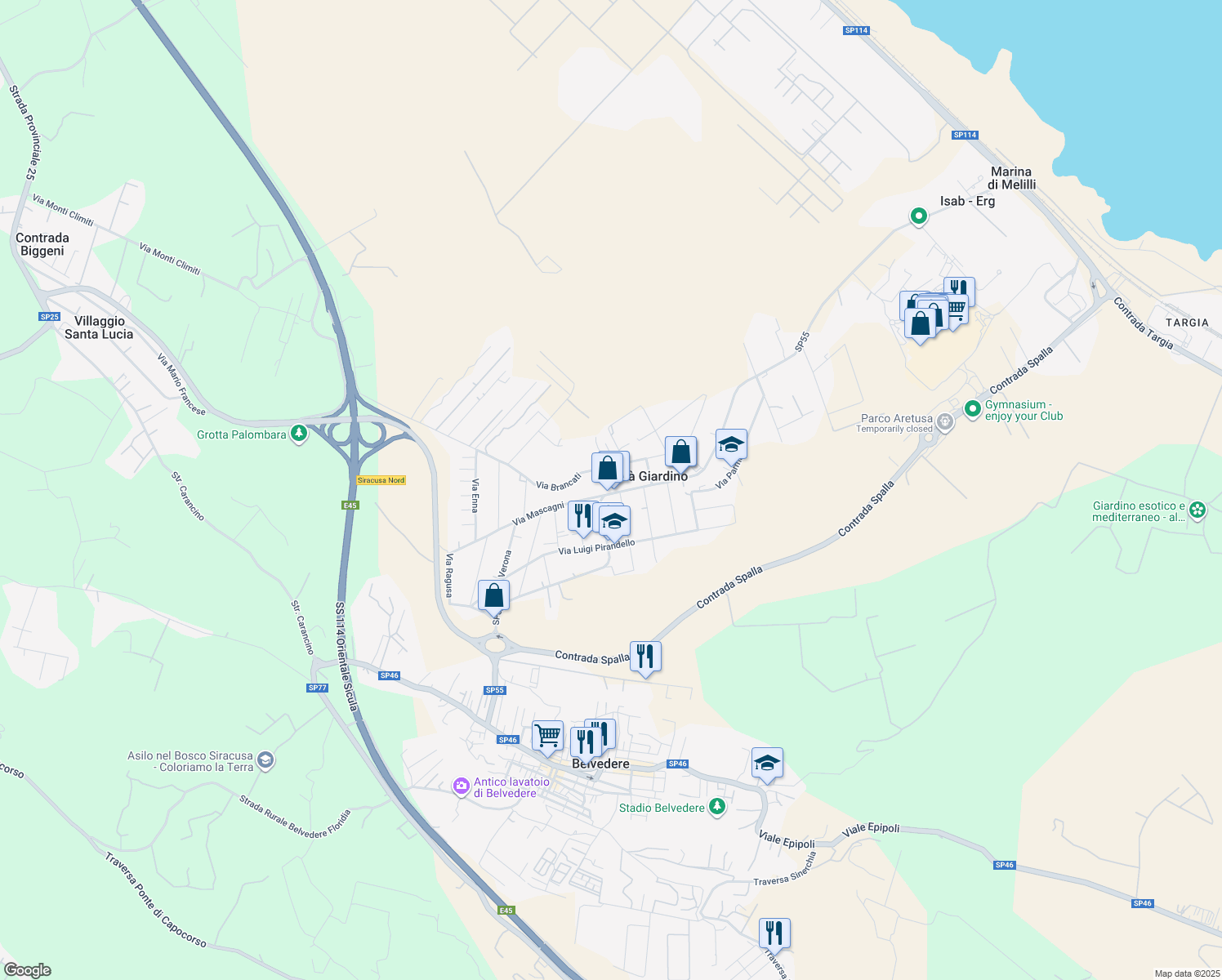 map of restaurants, bars, coffee shops, grocery stores, and more near 2 Viale Garrone in Città Giardino