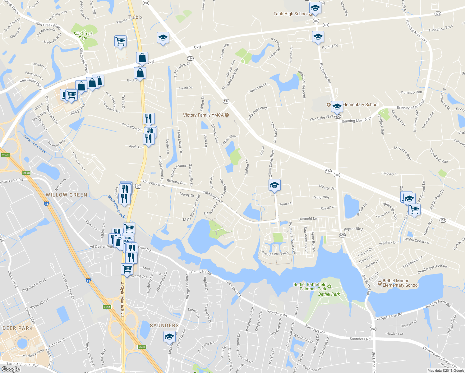 map of restaurants, bars, coffee shops, grocery stores, and more near 107 Brian Wesley Court in Yorktown