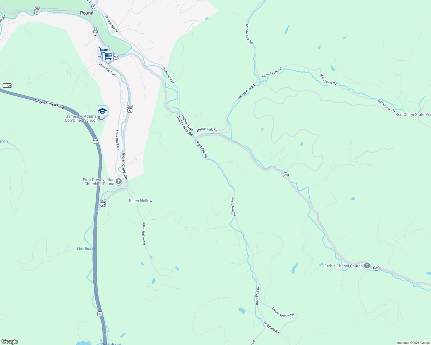map of restaurants, bars, coffee shops, grocery stores, and more near 10627 Right Fork Road in Pound