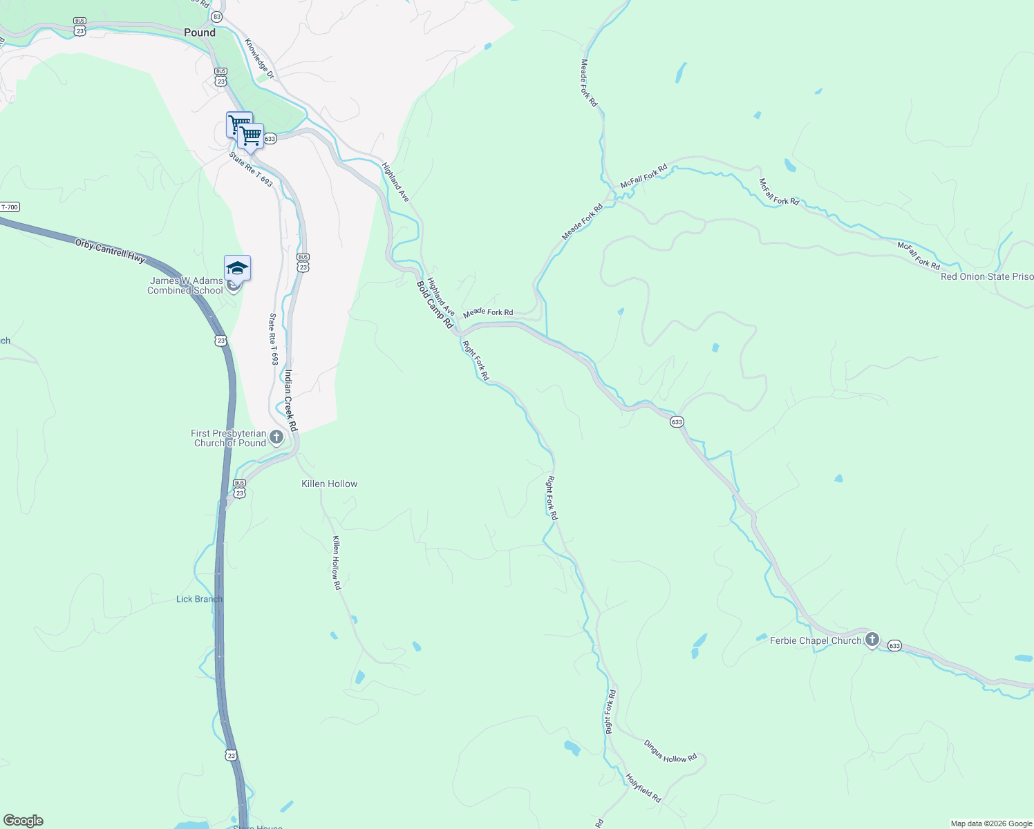 map of restaurants, bars, coffee shops, grocery stores, and more near 10627 Right Fork Road in Pound