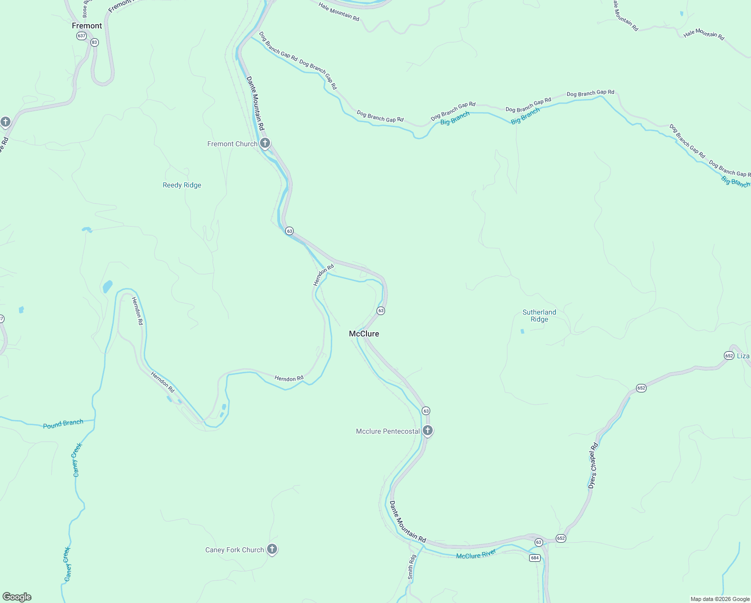 map of restaurants, bars, coffee shops, grocery stores, and more near Church Street in McClure