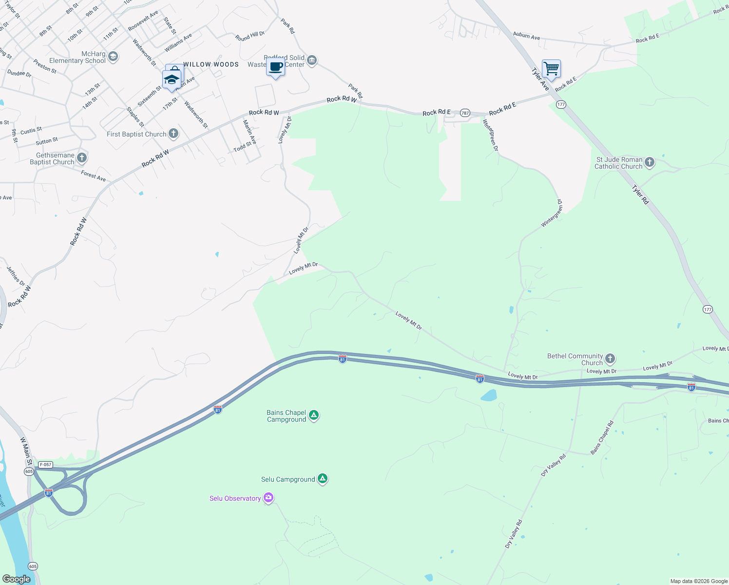map of restaurants, bars, coffee shops, grocery stores, and more near 413 Lovely Mount Drive in Radford