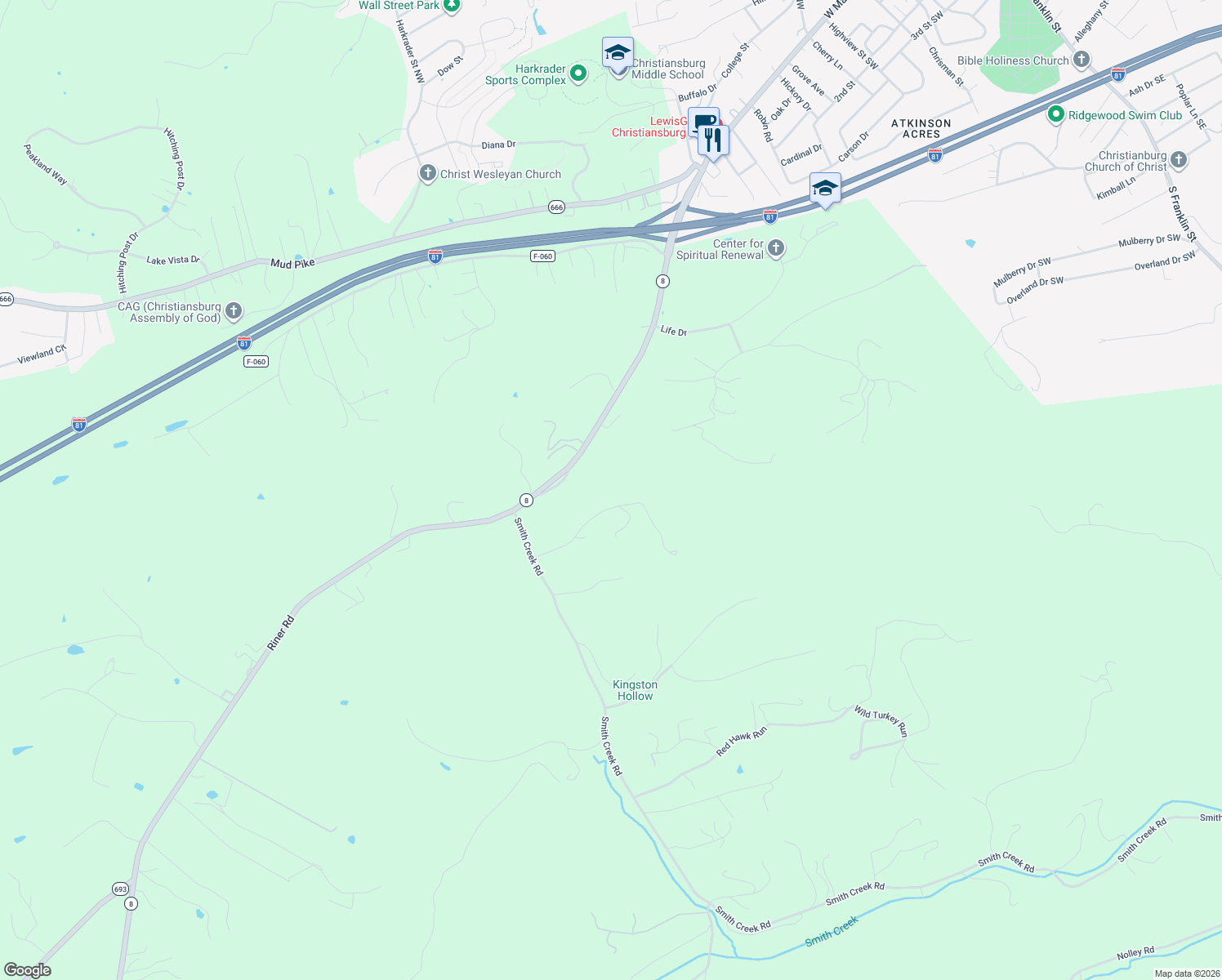 map of restaurants, bars, coffee shops, grocery stores, and more near 1130 Cassatt Lane in Christiansburg