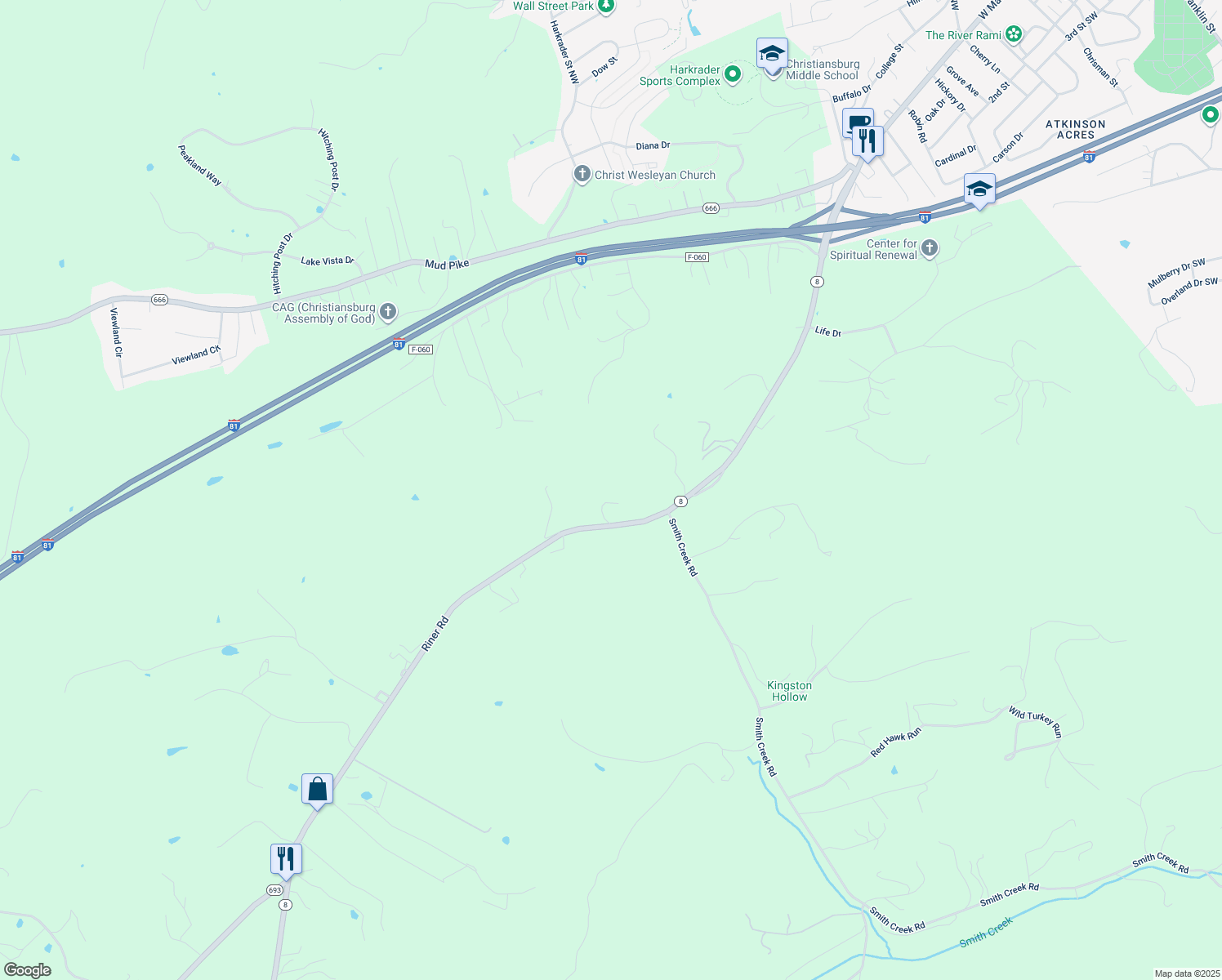 map of restaurants, bars, coffee shops, grocery stores, and more near 2569 Riner Road in Christiansburg