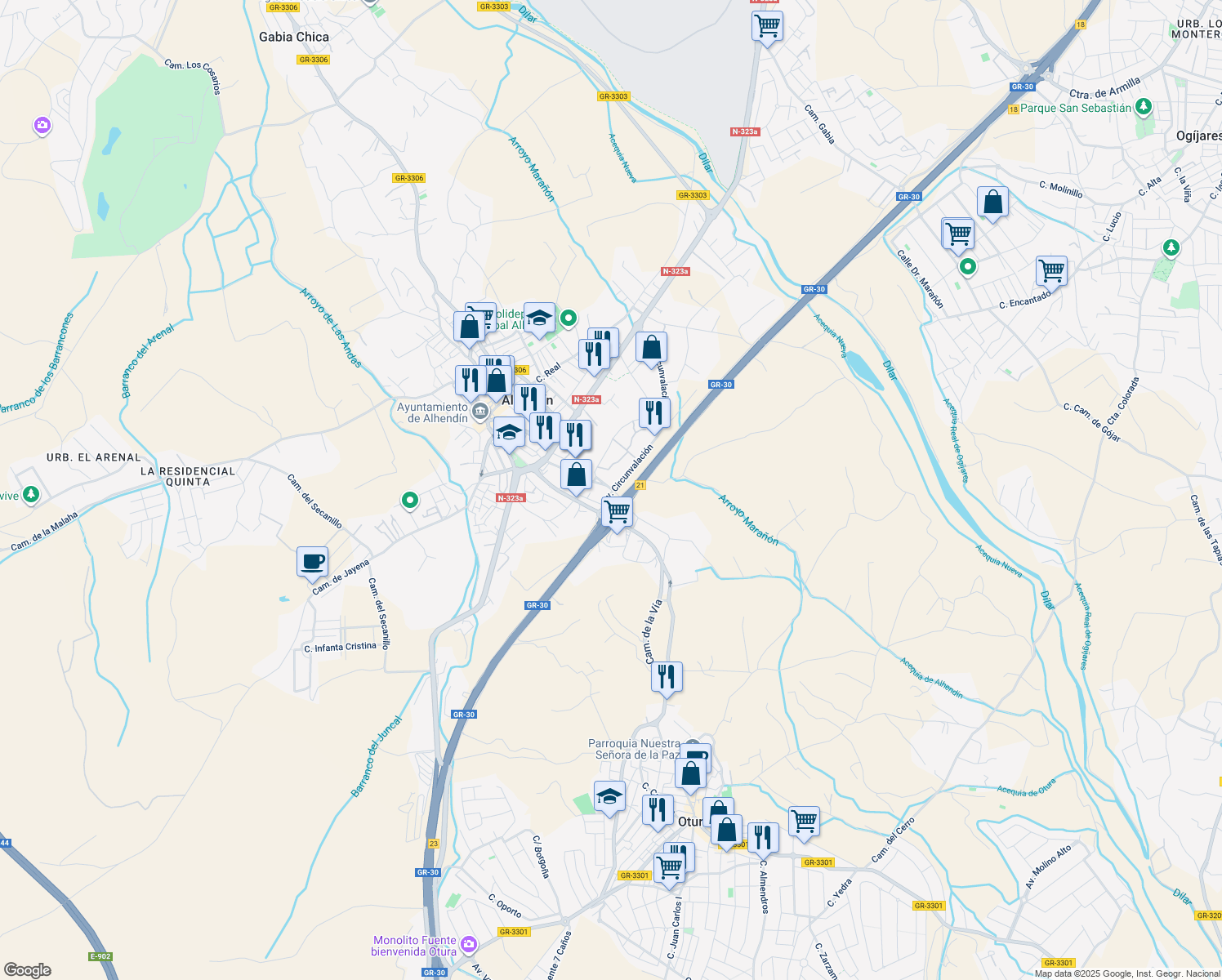 map of restaurants, bars, coffee shops, grocery stores, and more near 3 Avenida Circunvalación in Alhendín