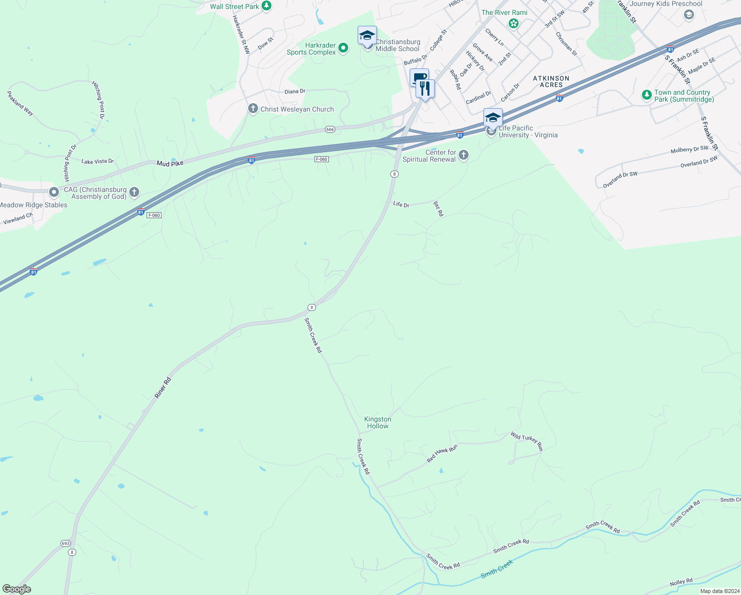 map of restaurants, bars, coffee shops, grocery stores, and more near 1130 Cassatt Lane in Christiansburg