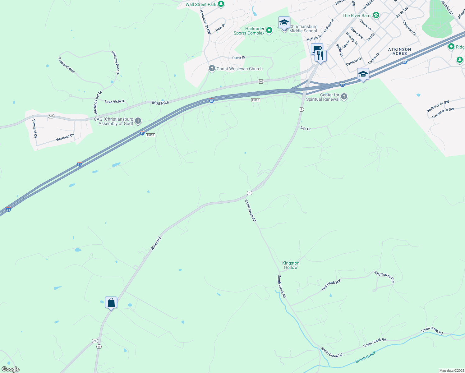 map of restaurants, bars, coffee shops, grocery stores, and more near 2569 Riner Road in Christiansburg