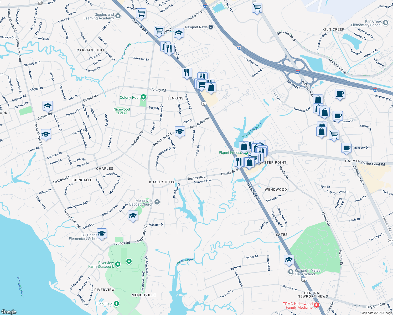 map of restaurants, bars, coffee shops, grocery stores, and more near 268 Sanlin Dr in Newport News