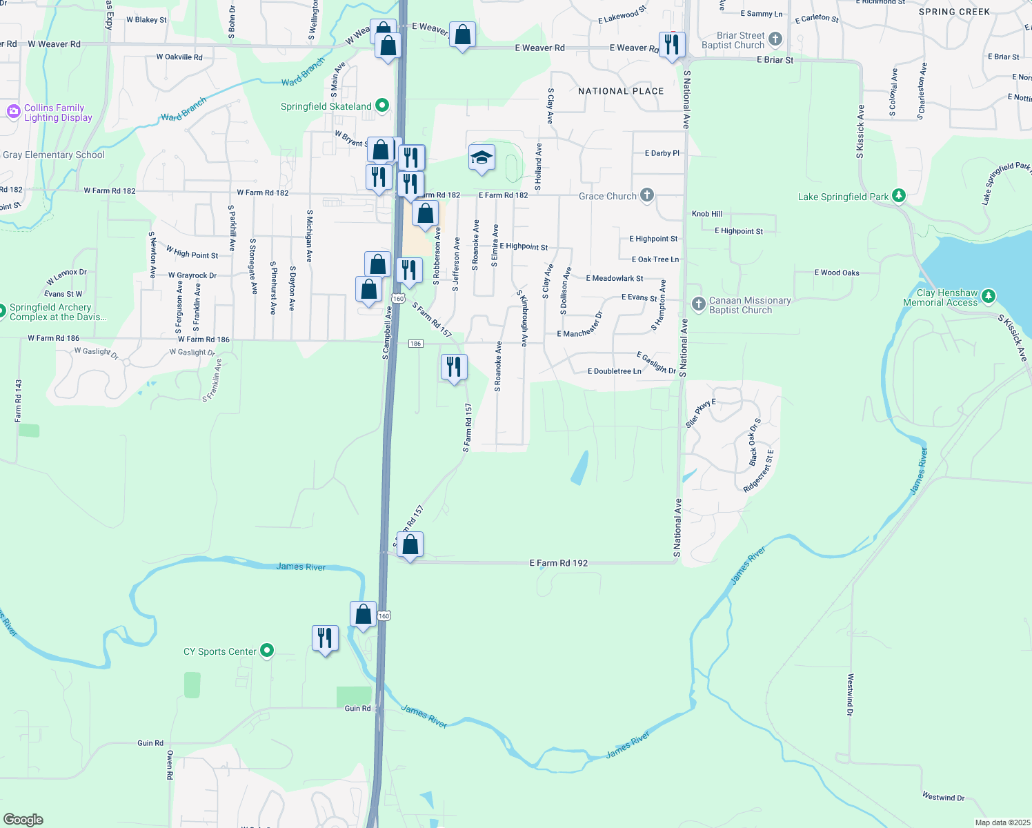 map of restaurants, bars, coffee shops, grocery stores, and more near 5967 S Kimbrough Ave in Springfield