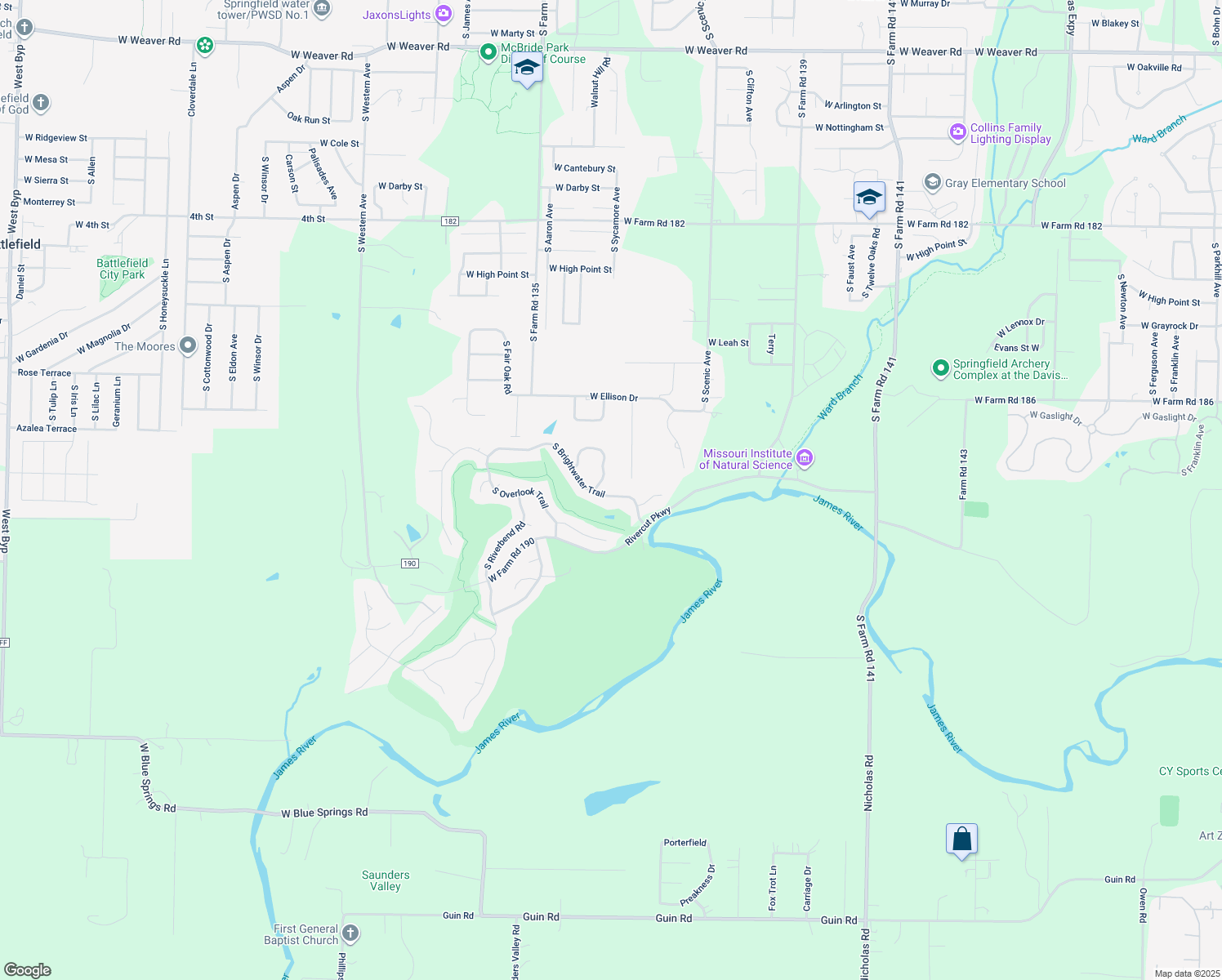 map of restaurants, bars, coffee shops, grocery stores, and more near 6026 South Brightwater Trail in Springfield
