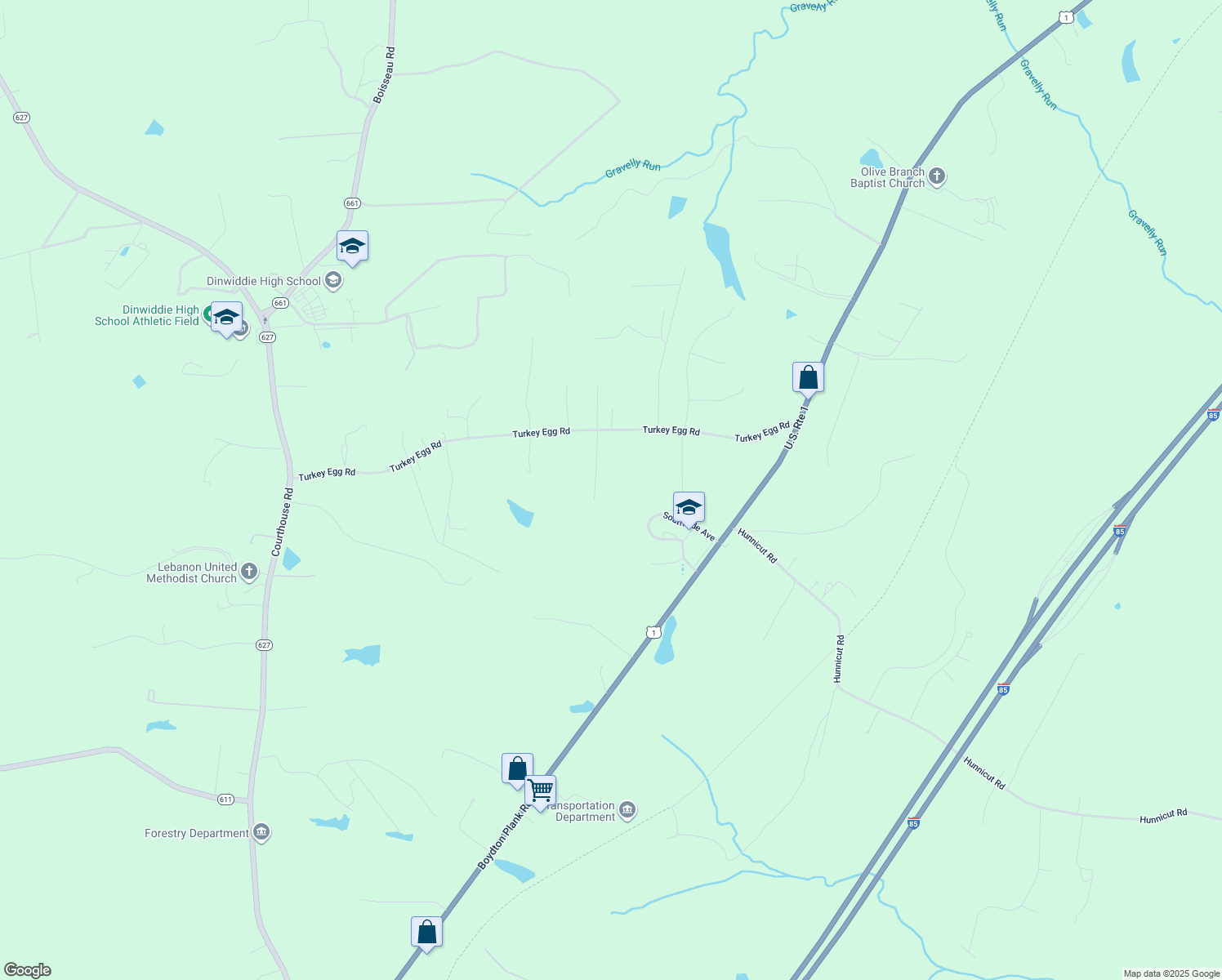 map of restaurants, bars, coffee shops, grocery stores, and more near 12107 Gravelly Drive in Dinwiddie