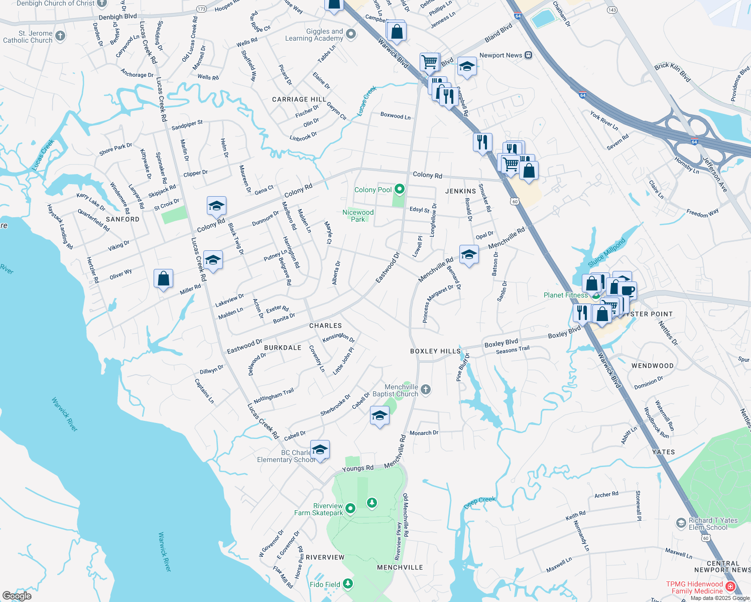 map of restaurants, bars, coffee shops, grocery stores, and more near 126 Nicewood Drive in Newport News