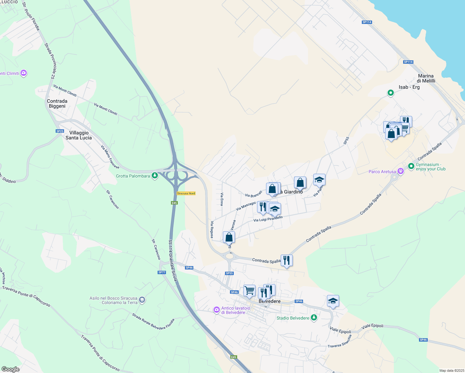 map of restaurants, bars, coffee shops, grocery stores, and more near 95 Via Vitaliano Brancati in Città Giardino